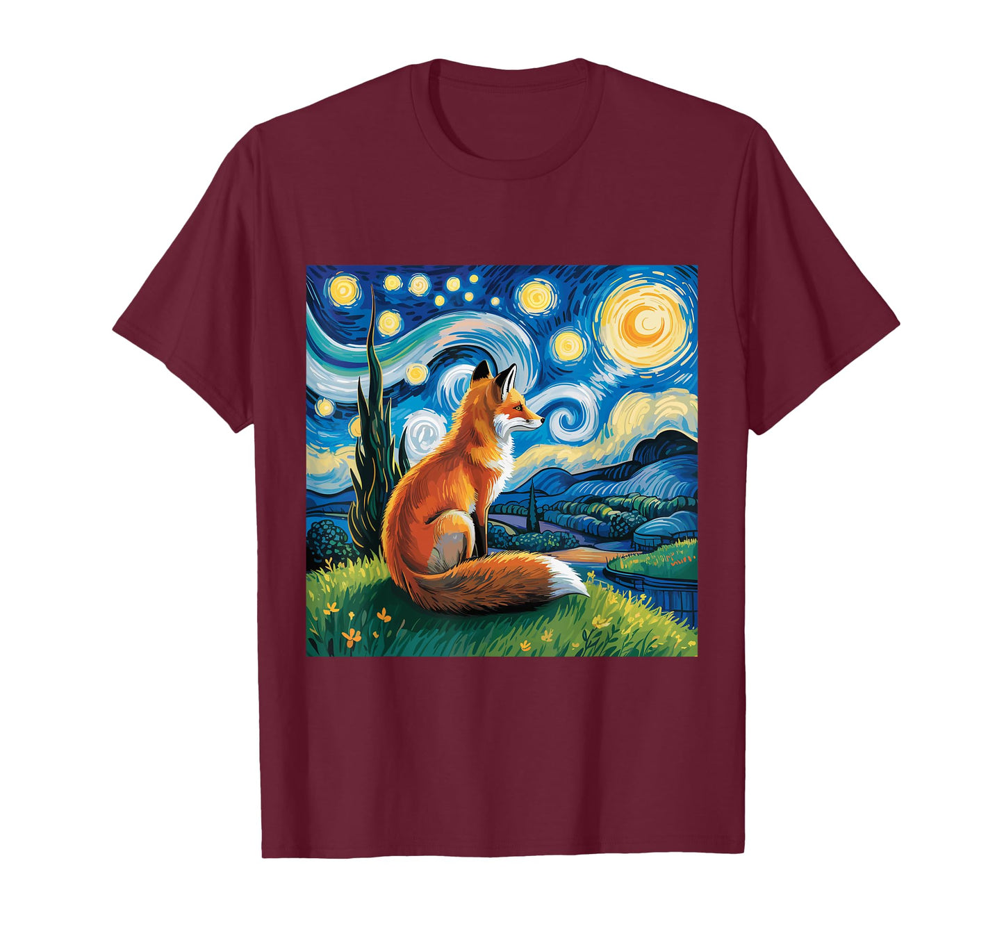 Fox Starry Night Van Gogh Dreamy Animal Night Sky T-Shirt
