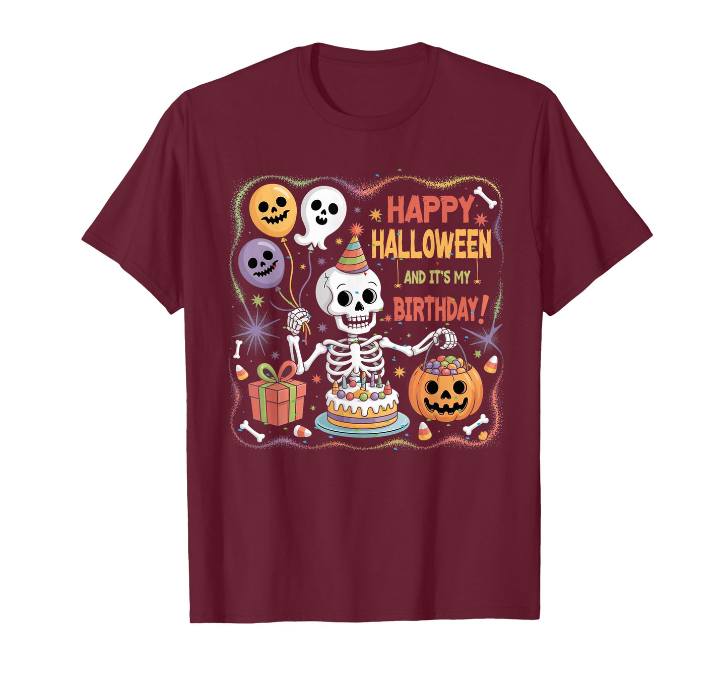 Skeleton Birthday Funny Happy Halloween Bday Boys Girls Kids T-Shirt