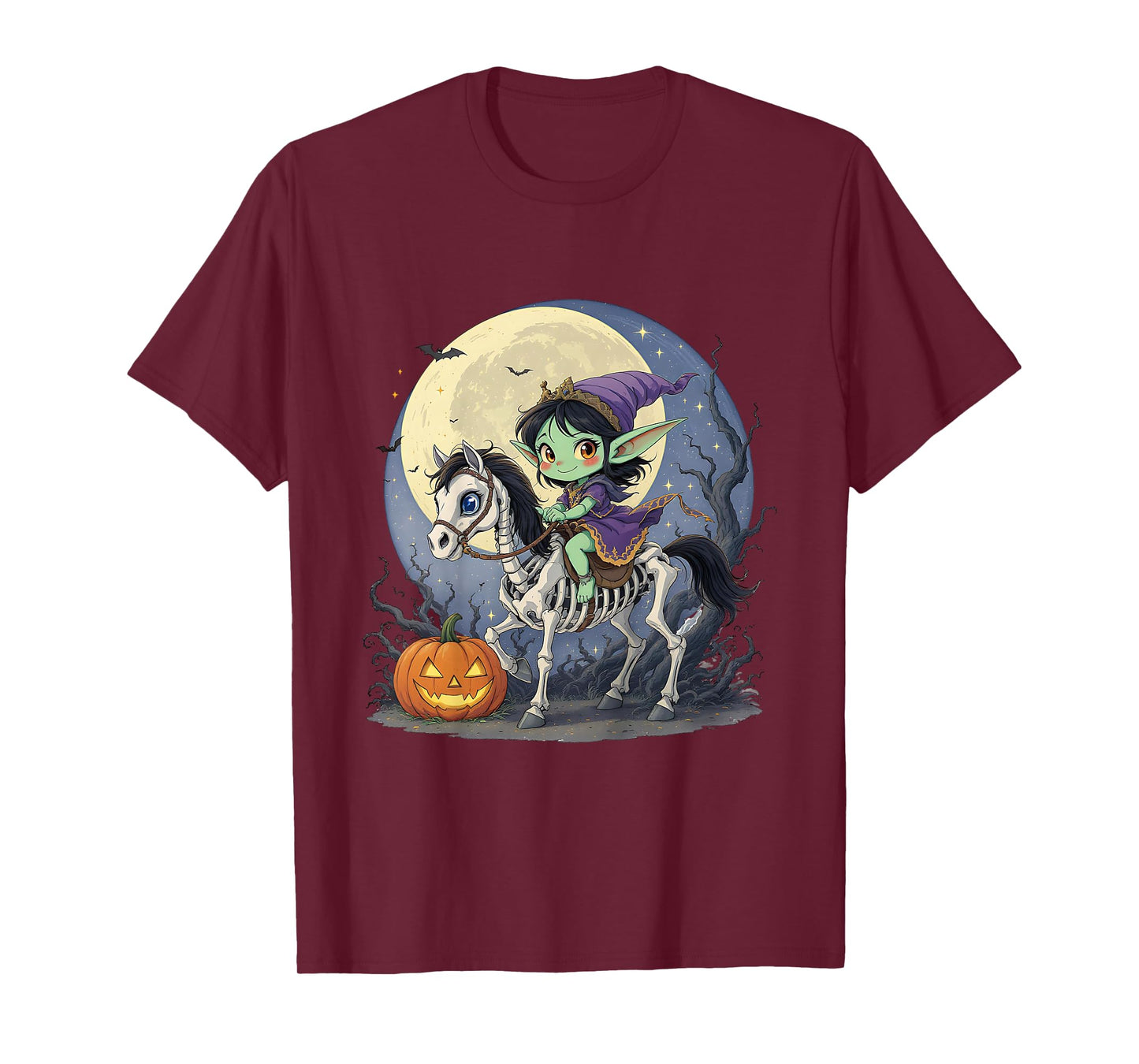 Dark Elf Goblin Troll Girl Riding Horse Skeleton Halloween T-Shirt