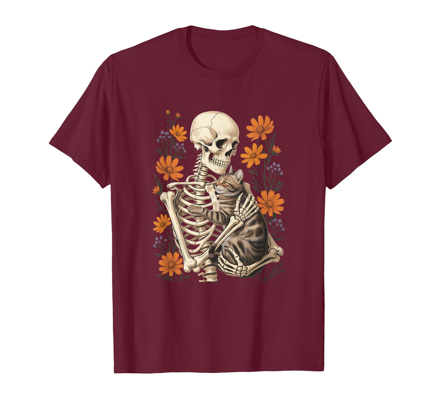 Funny Skeleton Hugging Cat Floral Halloween Cats Lover T-Shirt