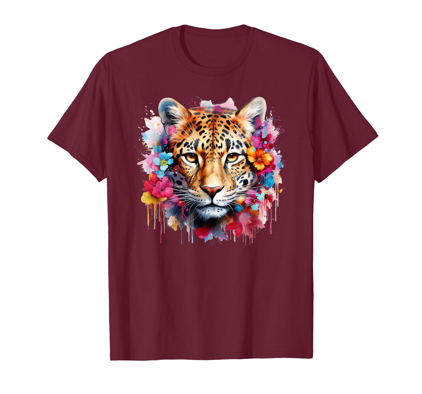 Colorful Leopard Portrait Flowers Floral Leopard Watercolor T-Shirt