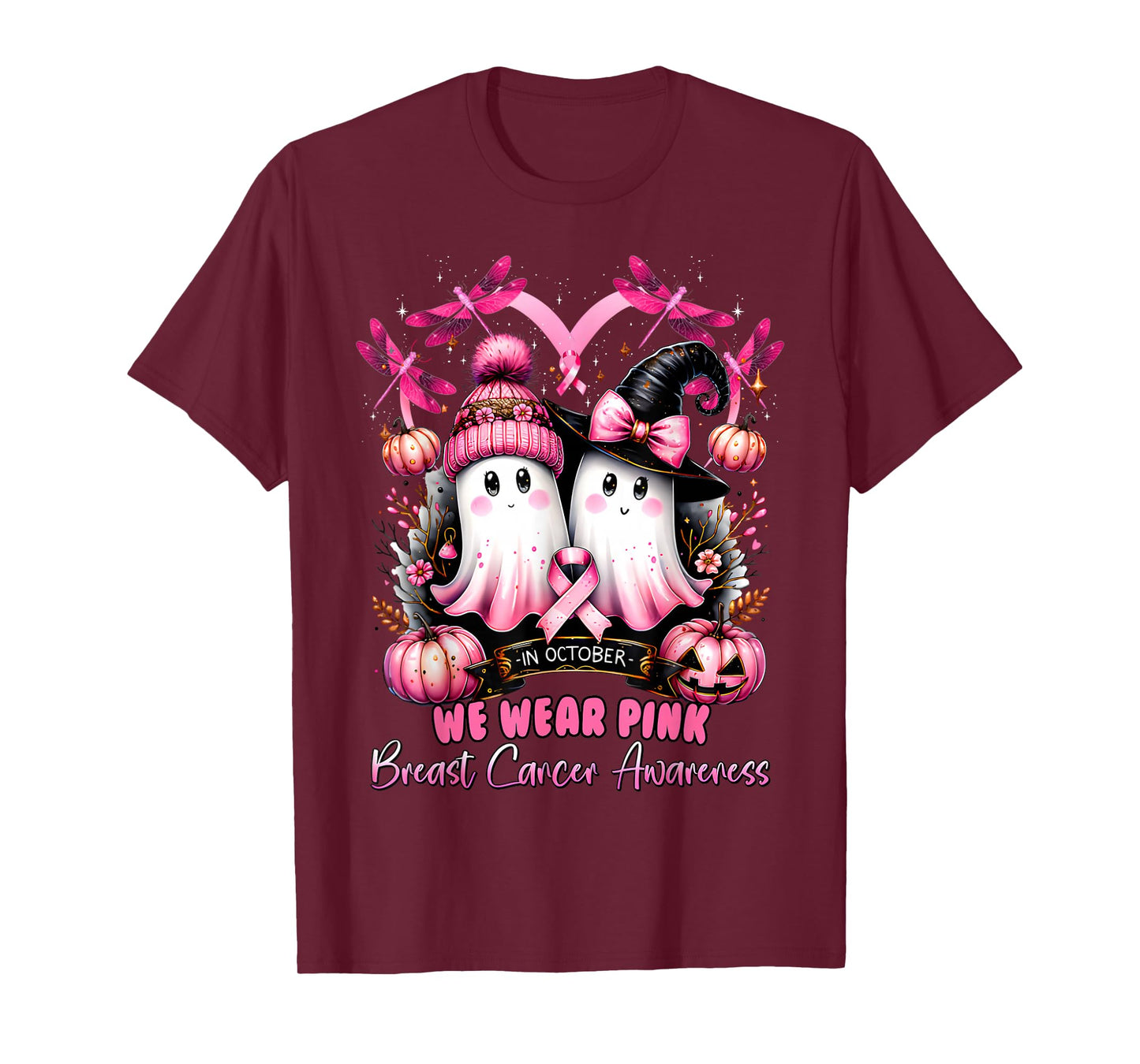 in October We Wear Pink Ghost Witch Breast Cancer Awareness T-Shirt