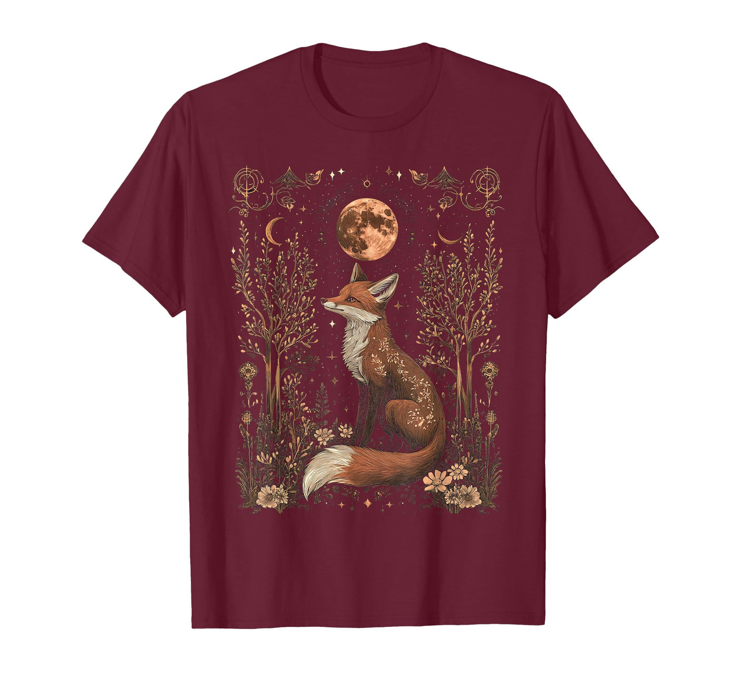 mystic moon and moonphase fox mystical flowers aesthetic T-Shirt