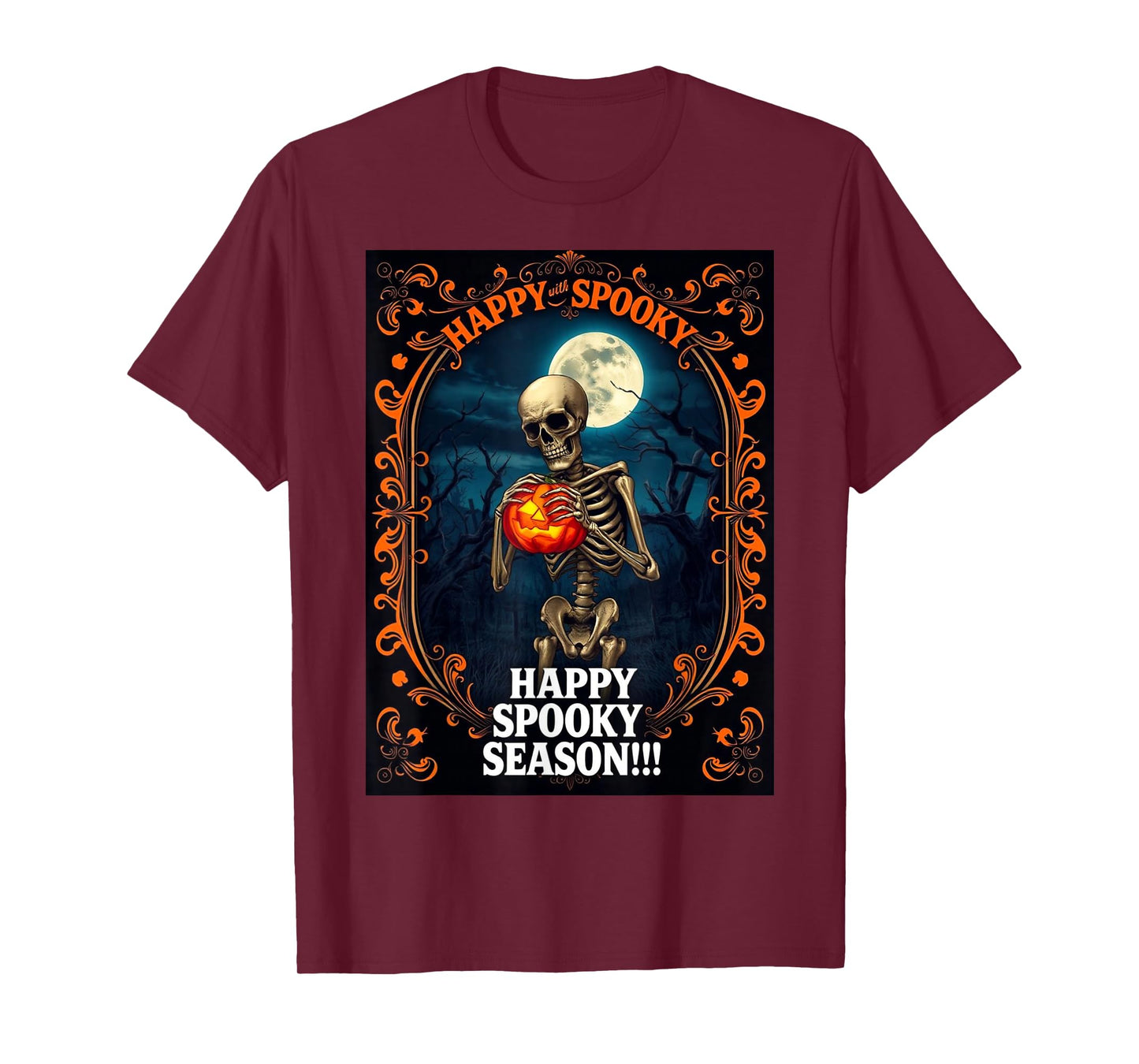 Skeleton Holding Pumpkin Lantern with Full Moon and Spooky F T-Shirt