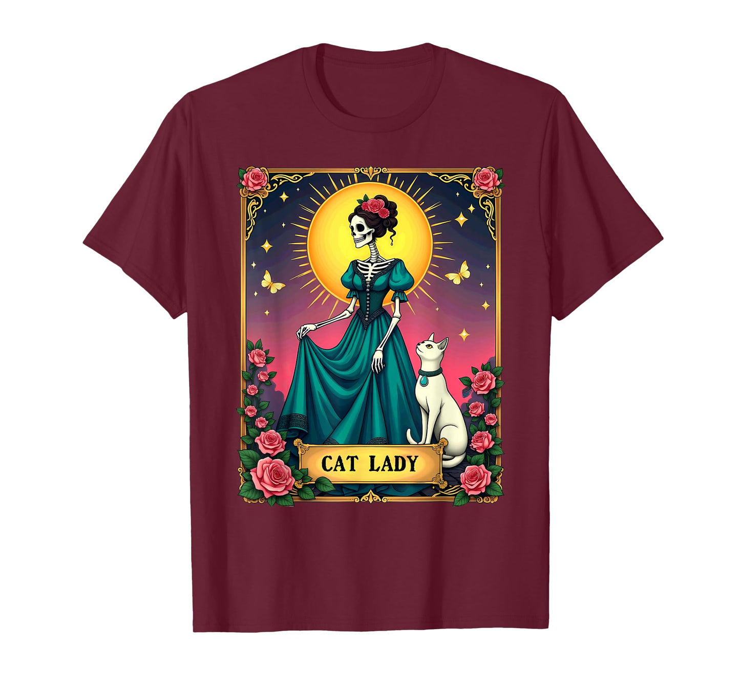 Retro Cat Lady Tarot Card Skeleton Halloween T-Shirt