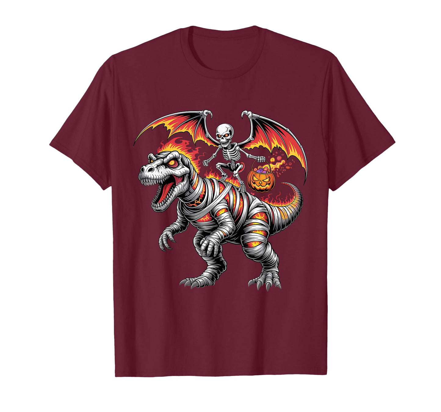 Scary Skeleton Riding Dinosaur T-Rex Halloween Pumpkin T-Shirt