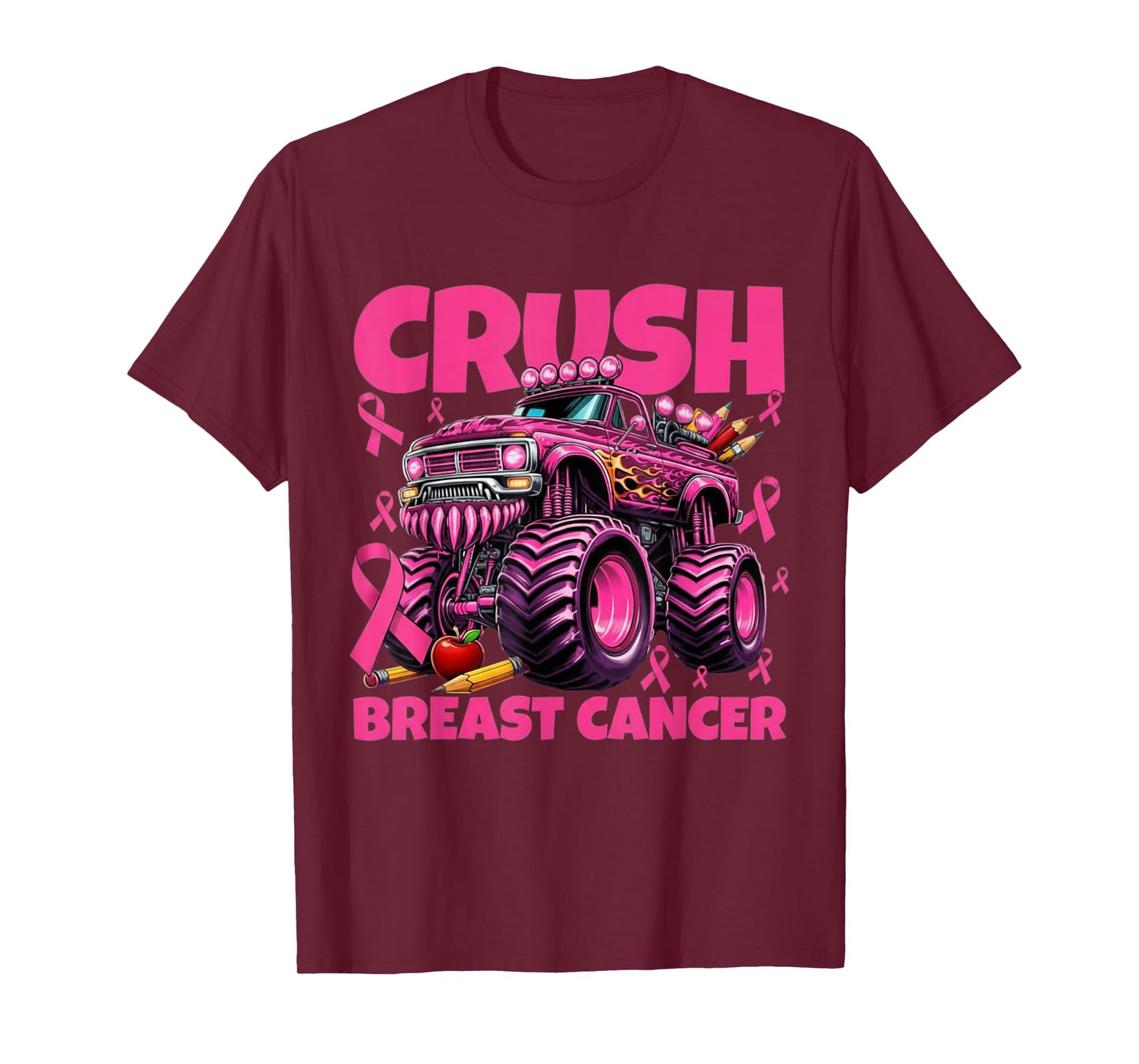 Crush Breast Cancer Awareness Kids Monster Truck Pink Ribbon T-Shirt