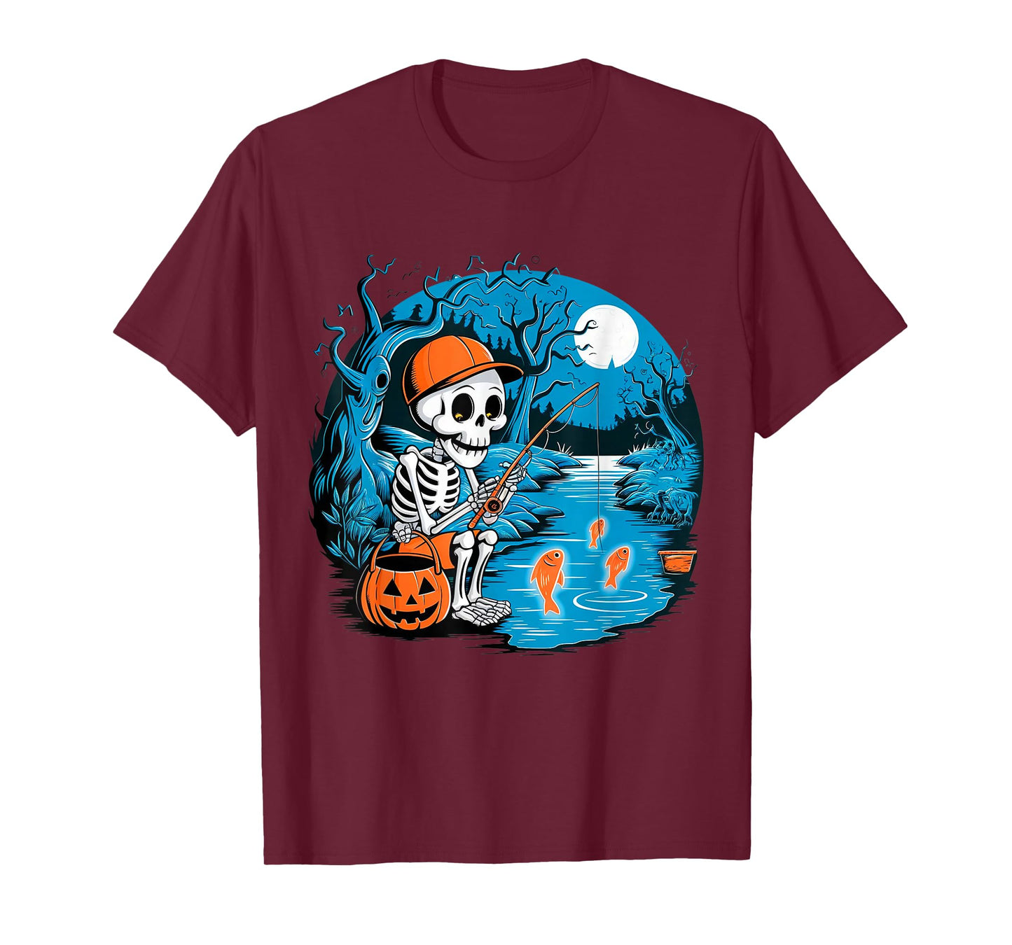 Spooky Fishing Skeleton Halloween Creepy Fisherman Boys Kids T-Shirt