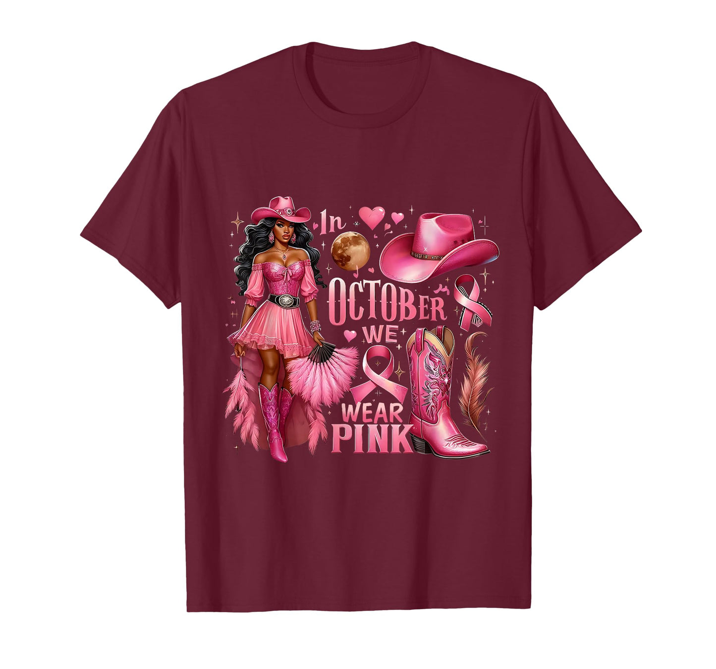 in October We Wear Pink Cowgirl Melanin Rodeo Breast Cancer T-Shirt