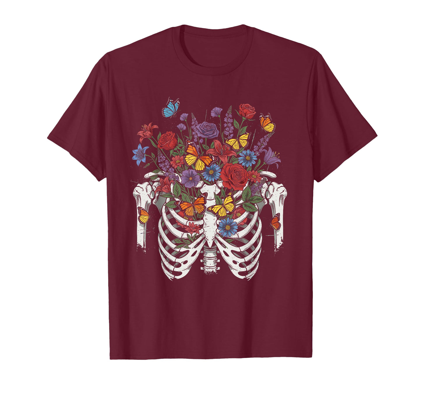 Skeleton Ribcage with Flowers and Butterflies Halloween T-Shirt