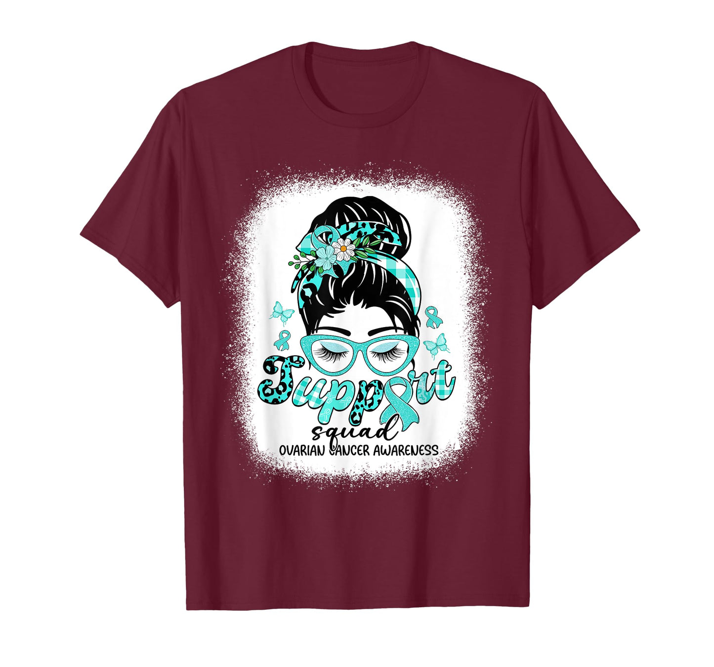 Support Squad Messy Bun Women Ovarian Cancer Awareness T-Shirt