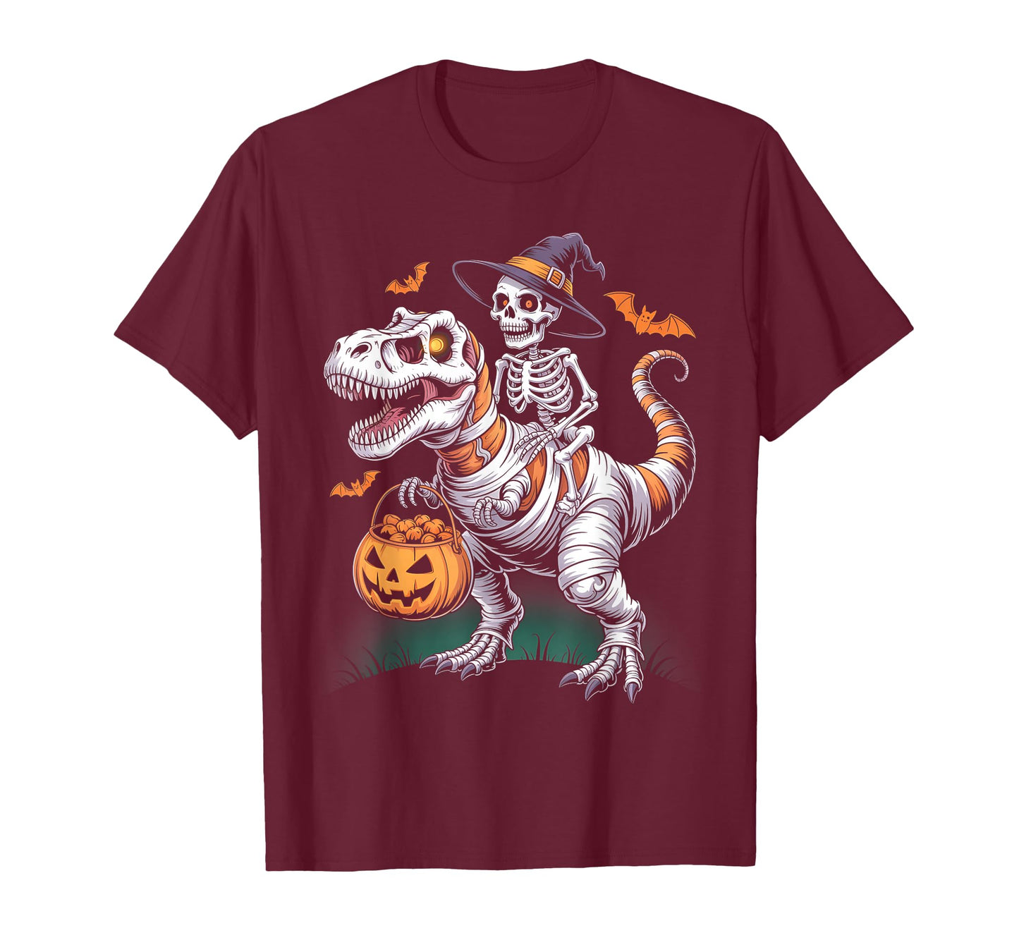 Funny Skeleton Riding Mummy Dinosaur Pumpkin Halloween T-Shirt