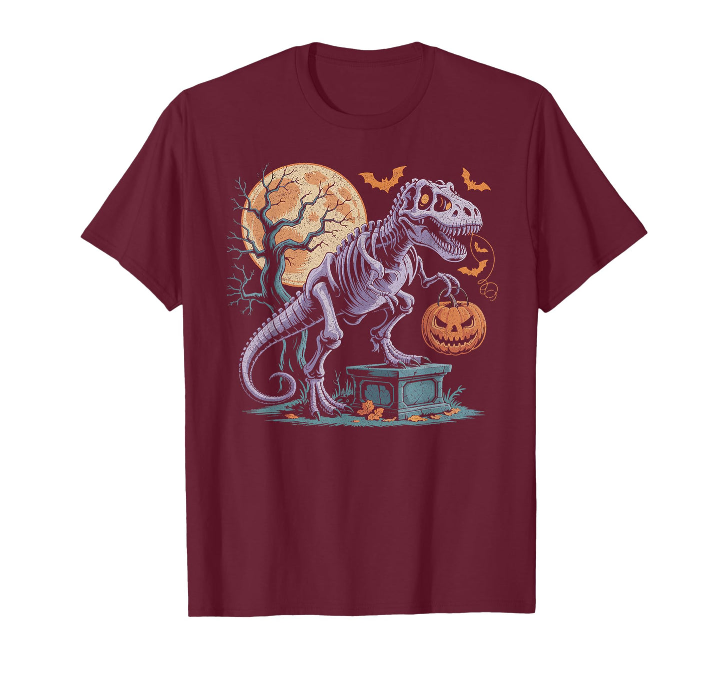 Halloween Dinosaur Skeleton T-rex Pumpkin Moon Boys Girls T-Shirt