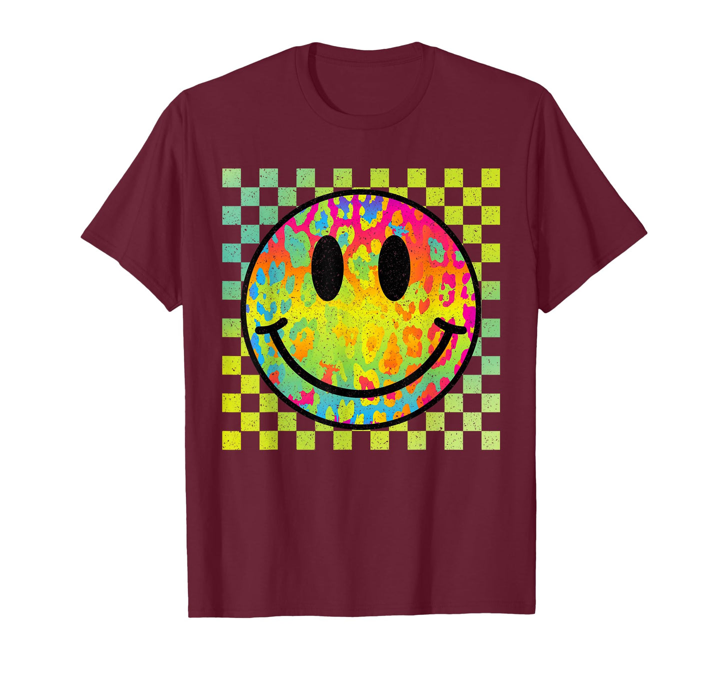 Retro Happy Face Tie Dye Checkered Pattern Smile Face Trendy T-Shirt