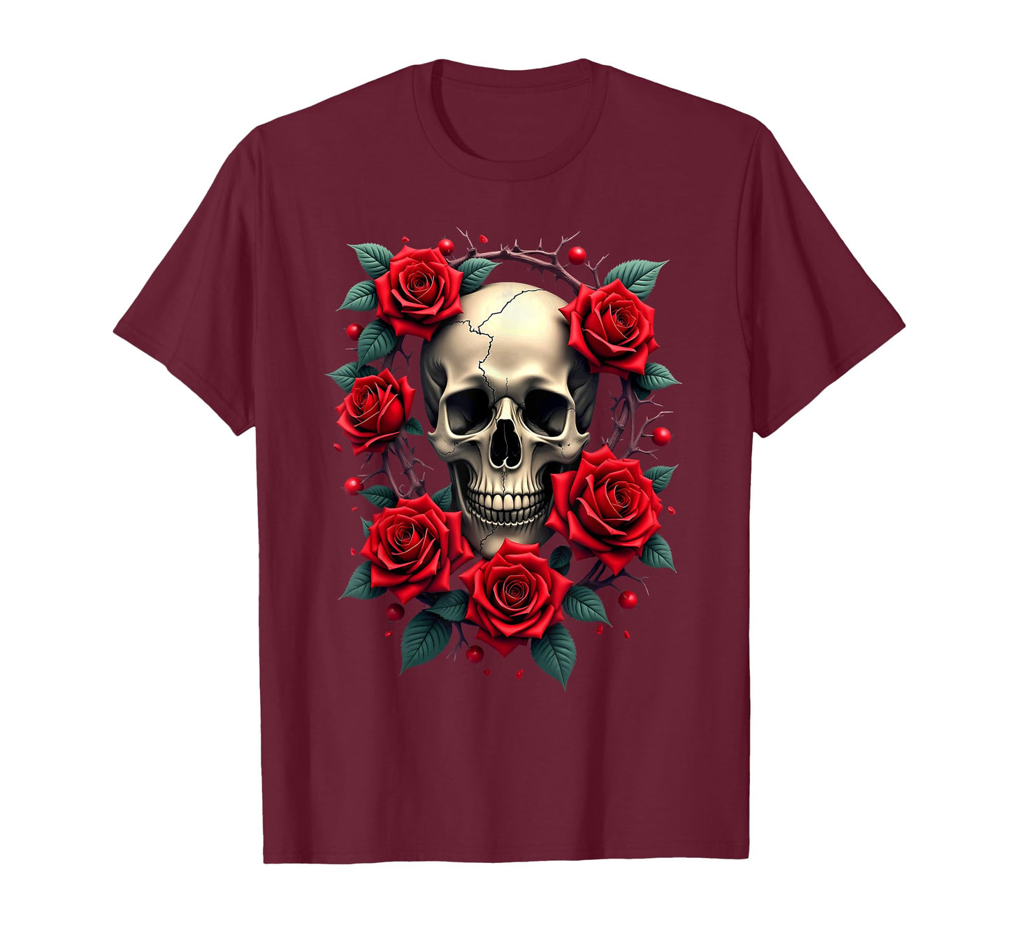 Red Rose Skeleton Skull Halloween T-Shirt