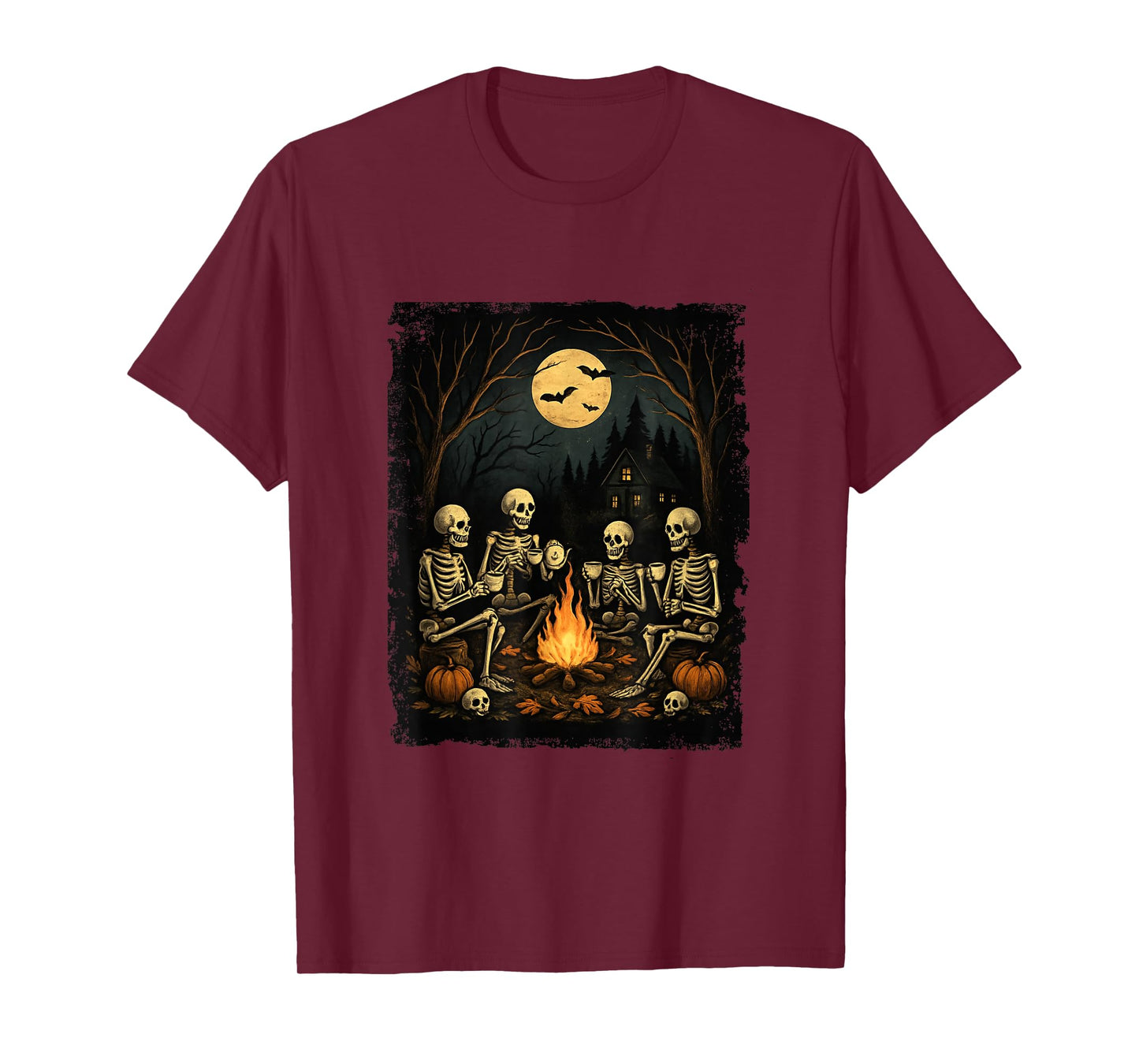 Skeletons Gathering Fire Camping Gothic Halloween Night T-Shirt