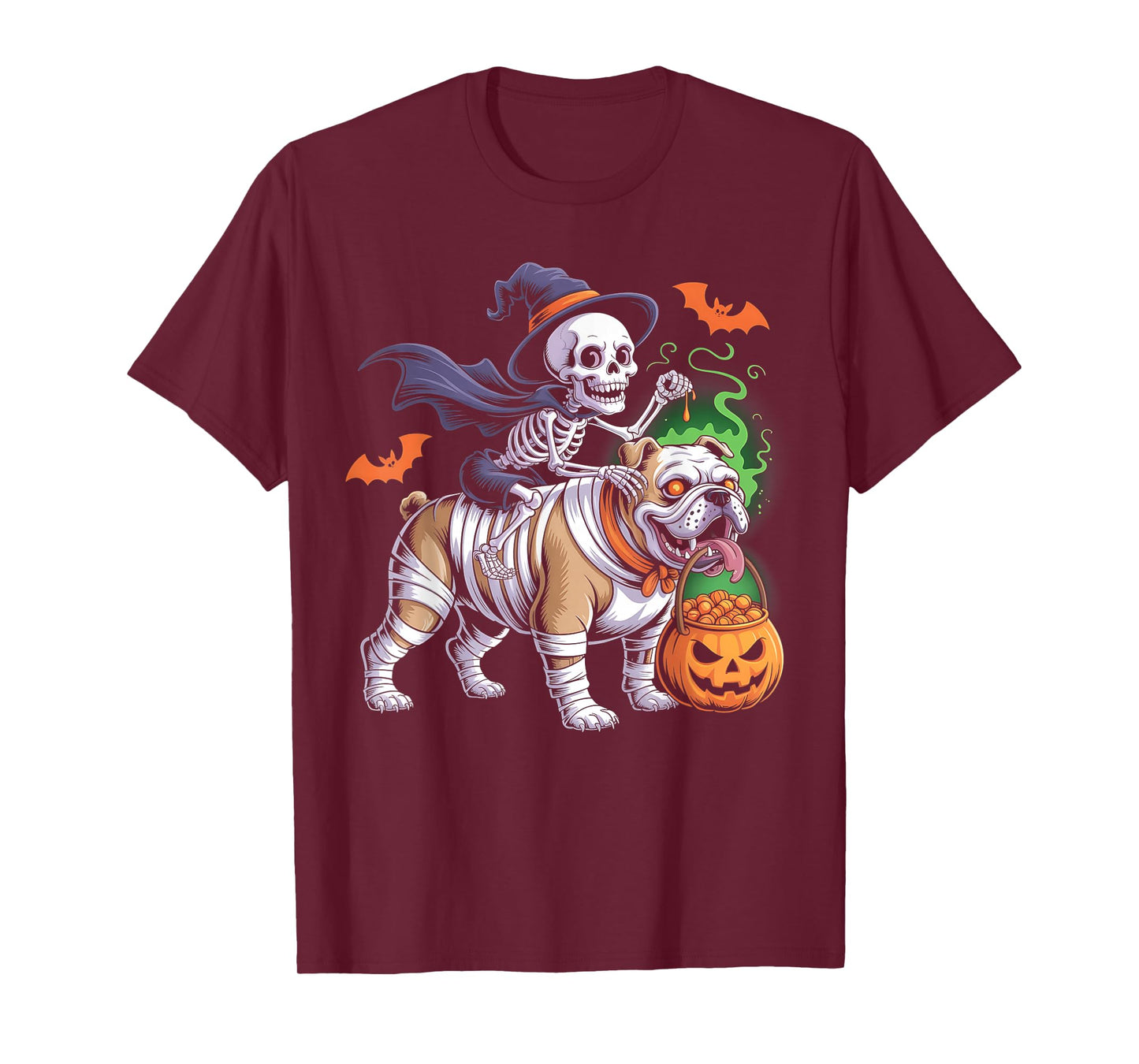 Skeleton Riding Mummy English Bulldog Pumpkin Halloween T-Shirt