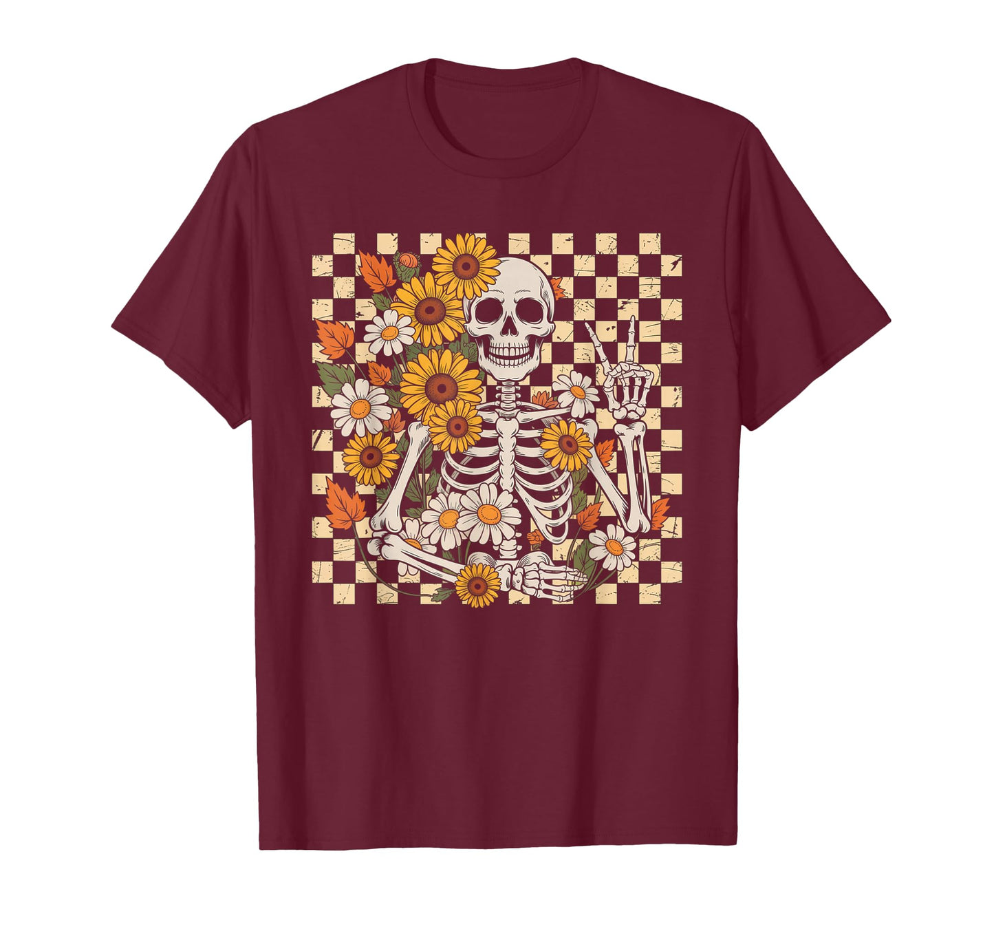 Retro Fall Skeleton Halloween Skeleton Flower Spooky Season T-Shirt