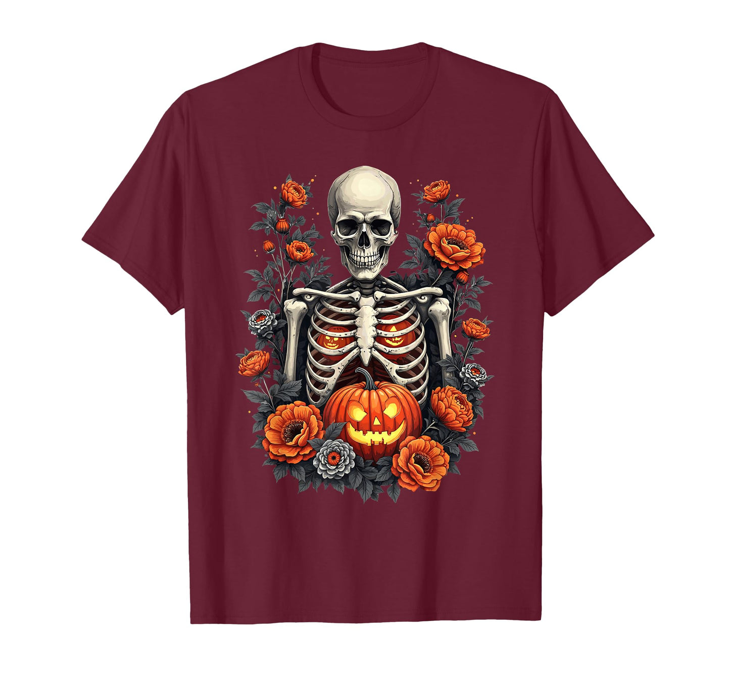 Retro Skeleton Floral Ribcage Pumpkin Fall Halloween Costume T-Shirt