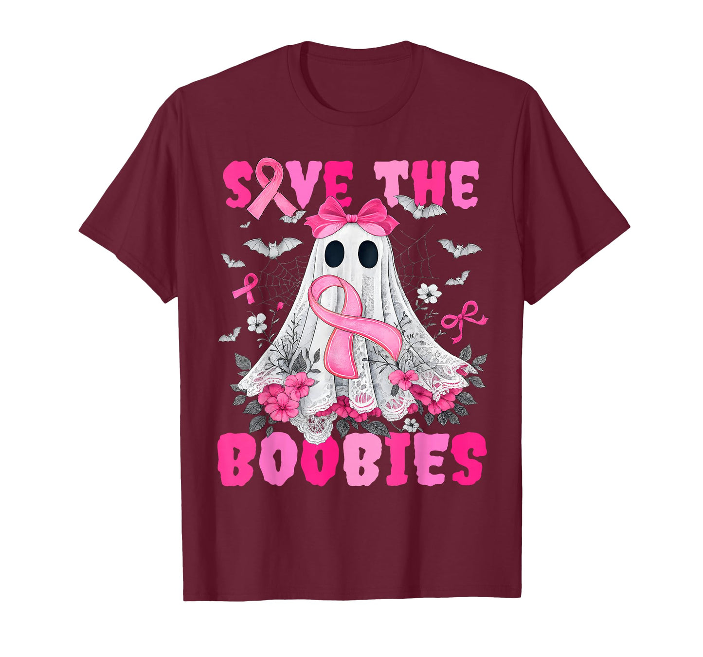 Save The Boobies Lace Bow Breast Cancer Awareness Halloween T-Shirt