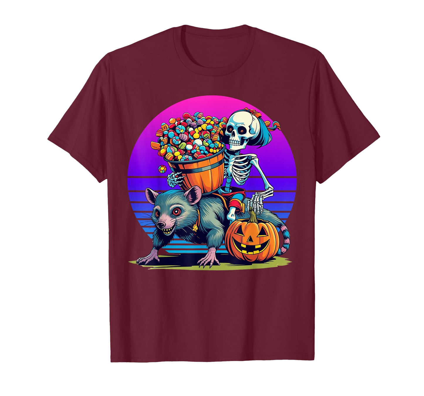 Cute Skeleton Girl Riding Opossum Candy Bucket Halloween T-Shirt