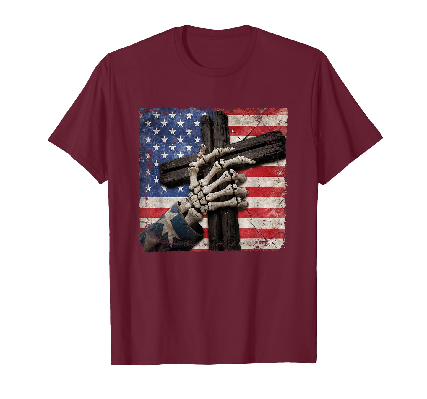 Skeleton Hand Holding Cross American Flag Patriotic Gothic T-Shirt