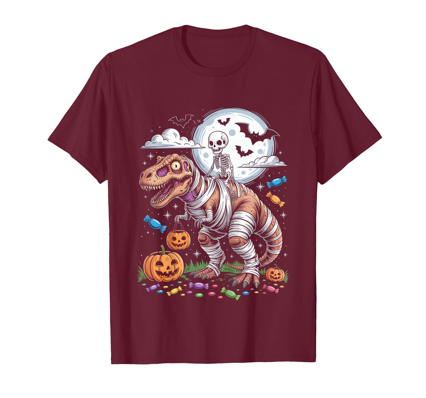 Skeleton Riding Tyrannosaurus Skeleton Halloween Spooky T-Shirt