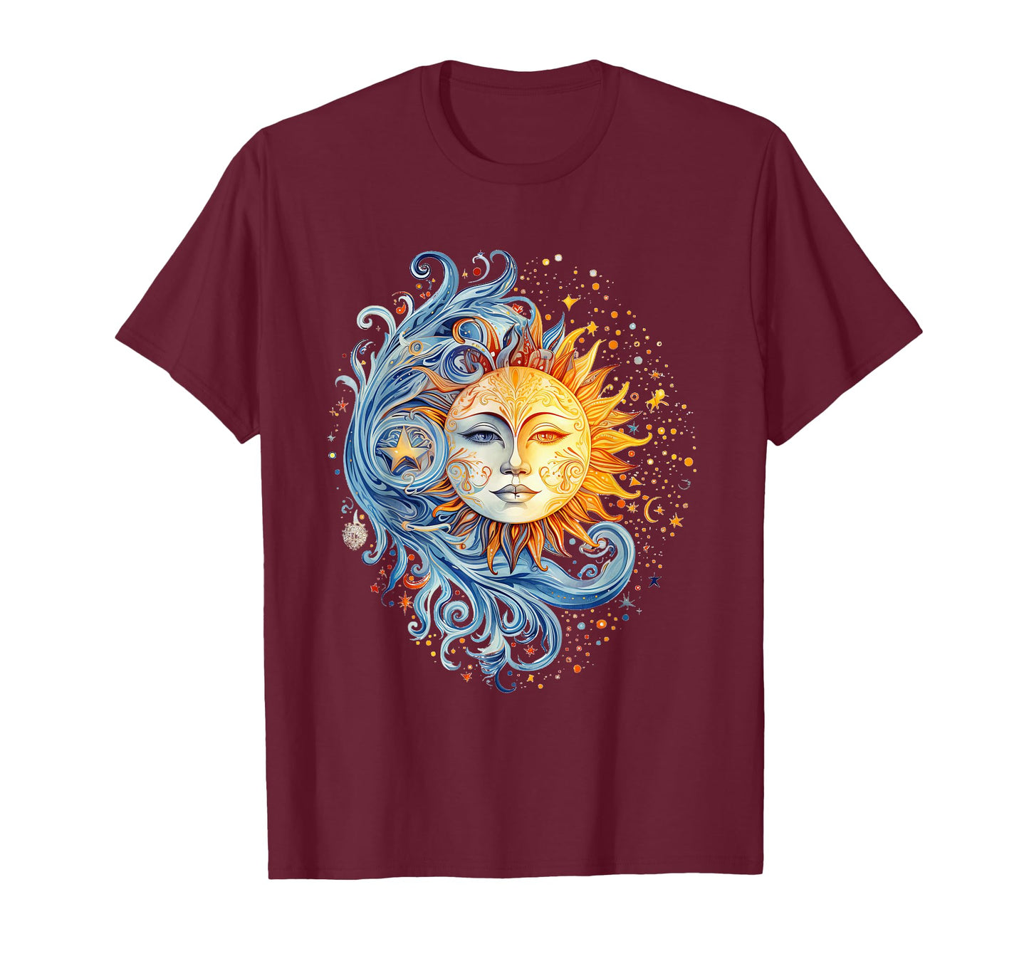 Mystical Sun and Moon with Woman Mystical Flowers Aesthetic T-Shirt