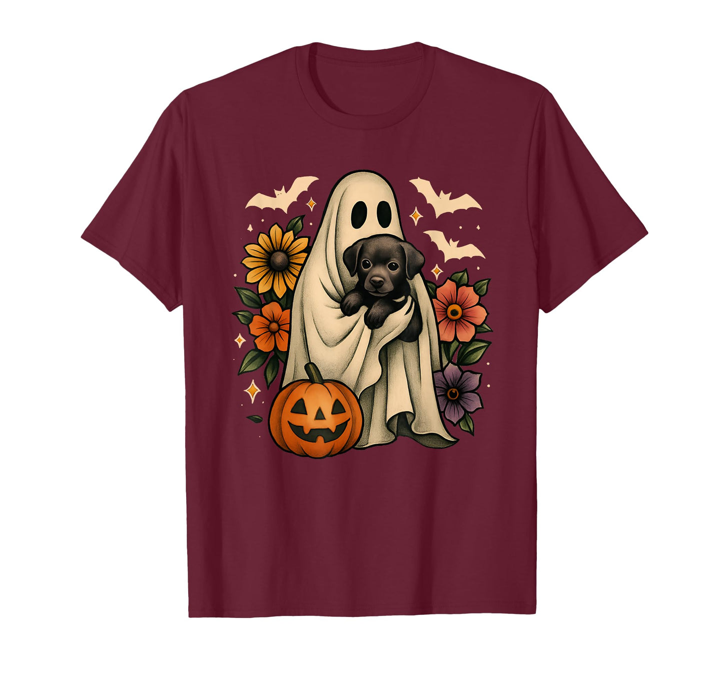 Floral Ghost Black Dog Coquette Funny Halloween Design T-Shirt
