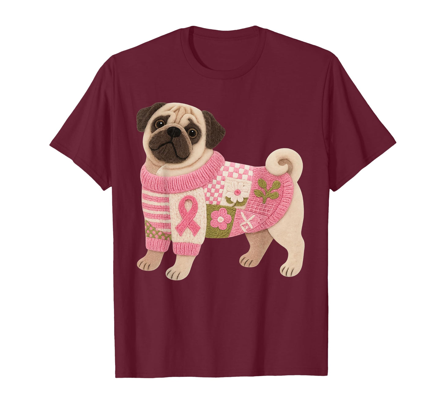 Pug Dog Pink Ribbon Breast Cancer Pattern Felt Art T-Shirt