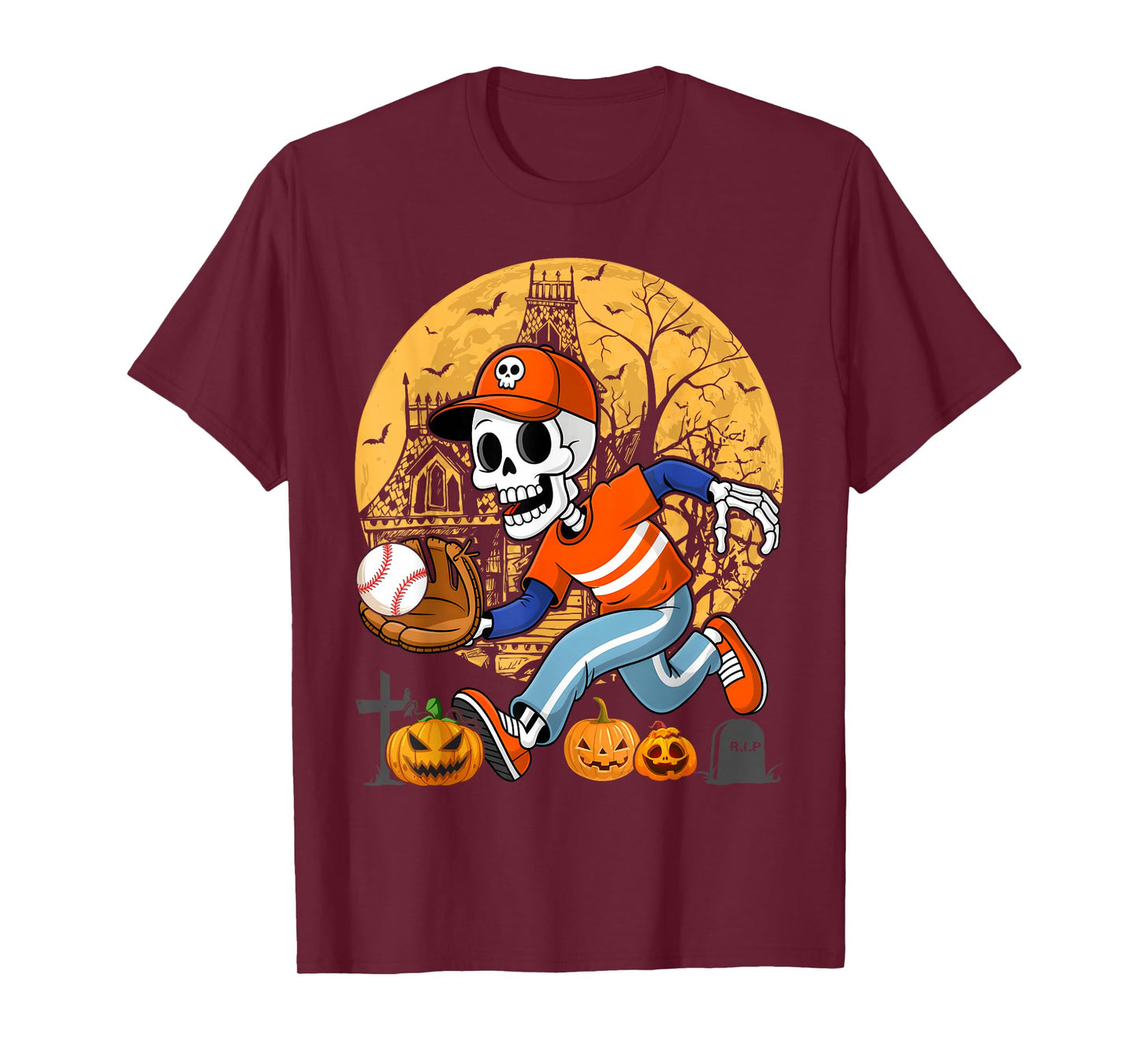 Baseball Halloween Boys Men Skeleton T-Shirt