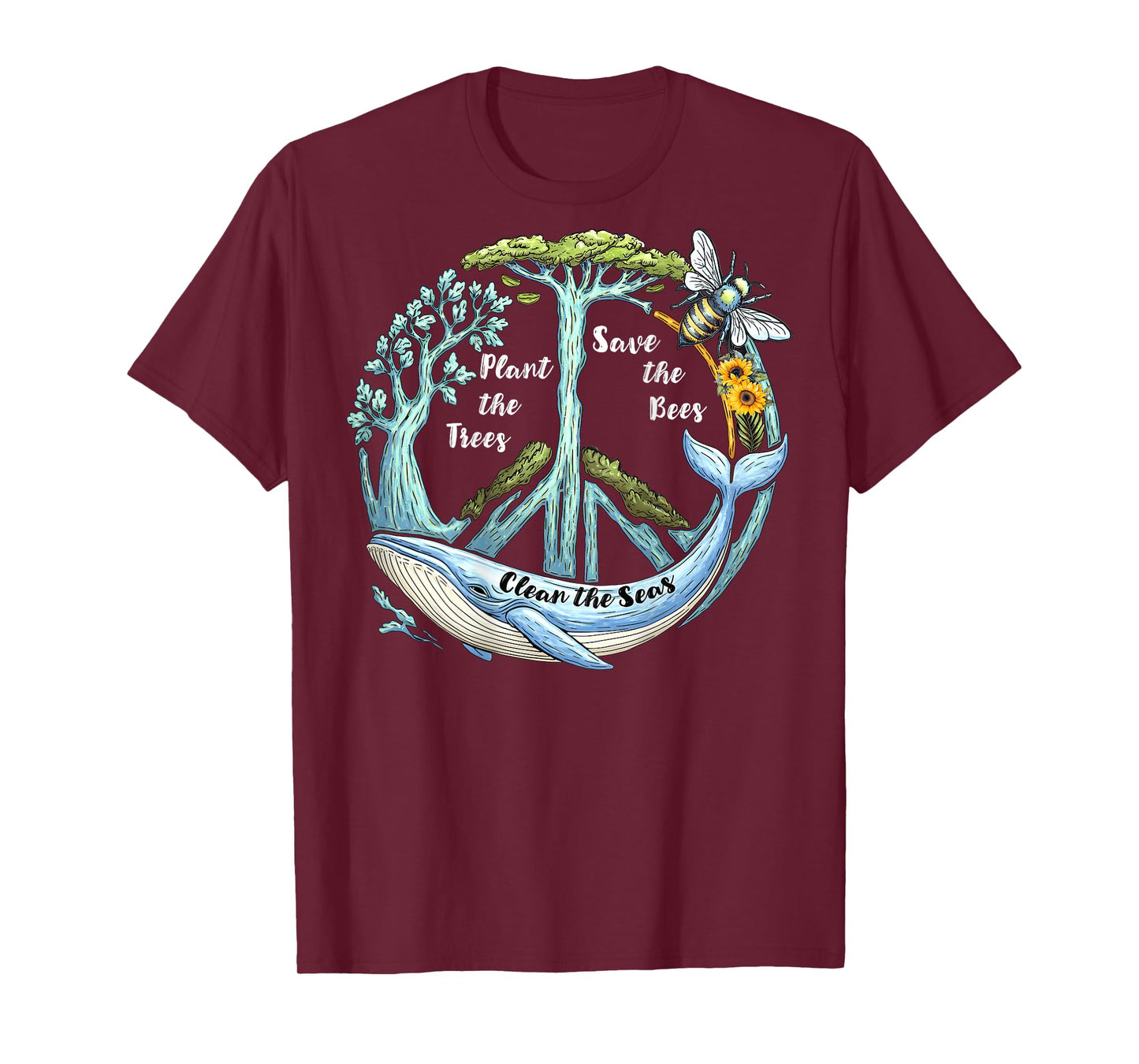 On Back Plant the Trees Save the Bees Peace Sign Earth Day T-Shirt
