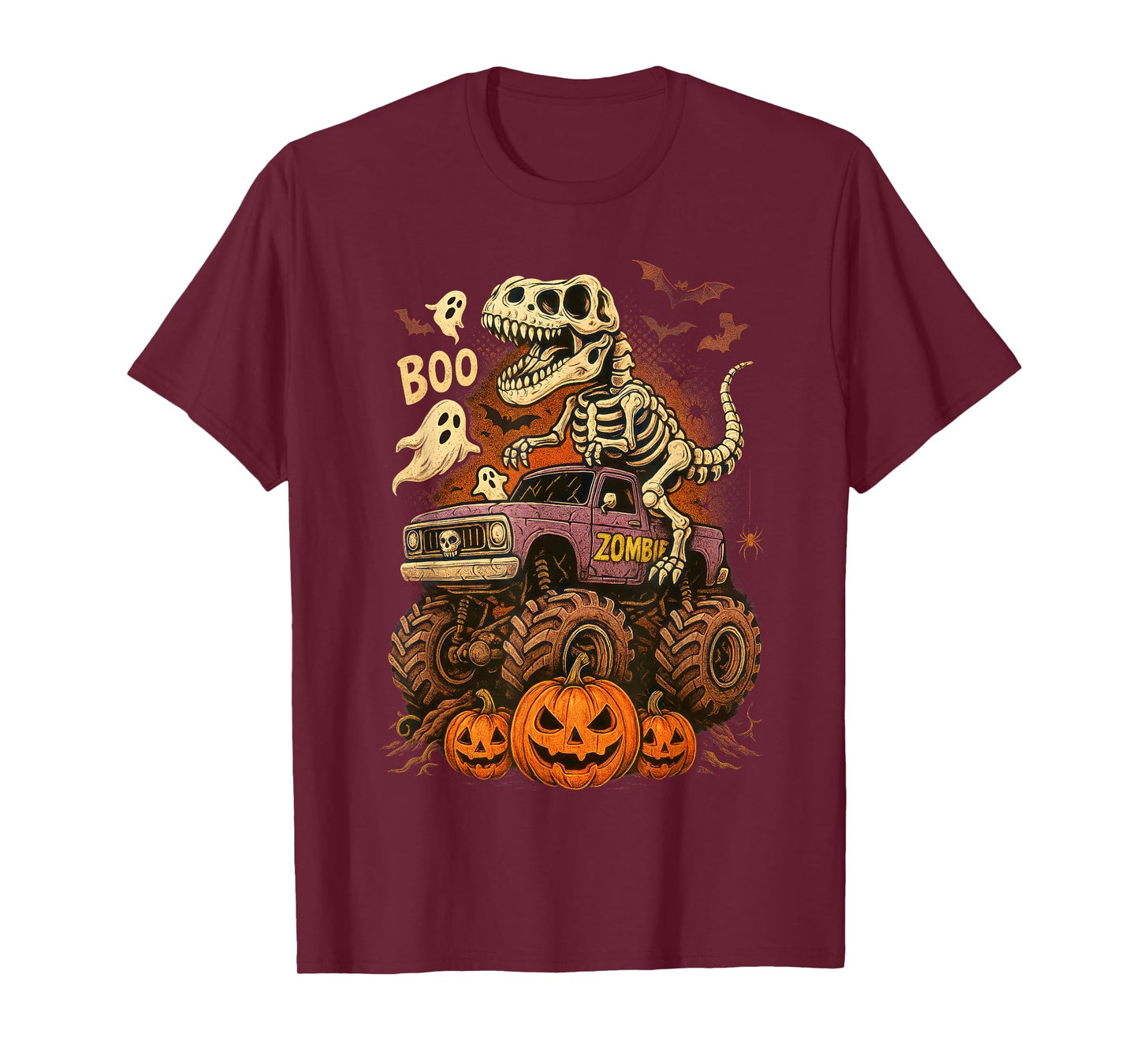 Skeleton Dinosaur T Rex and Monster Truck Pumpkin Halloween T-Shirt