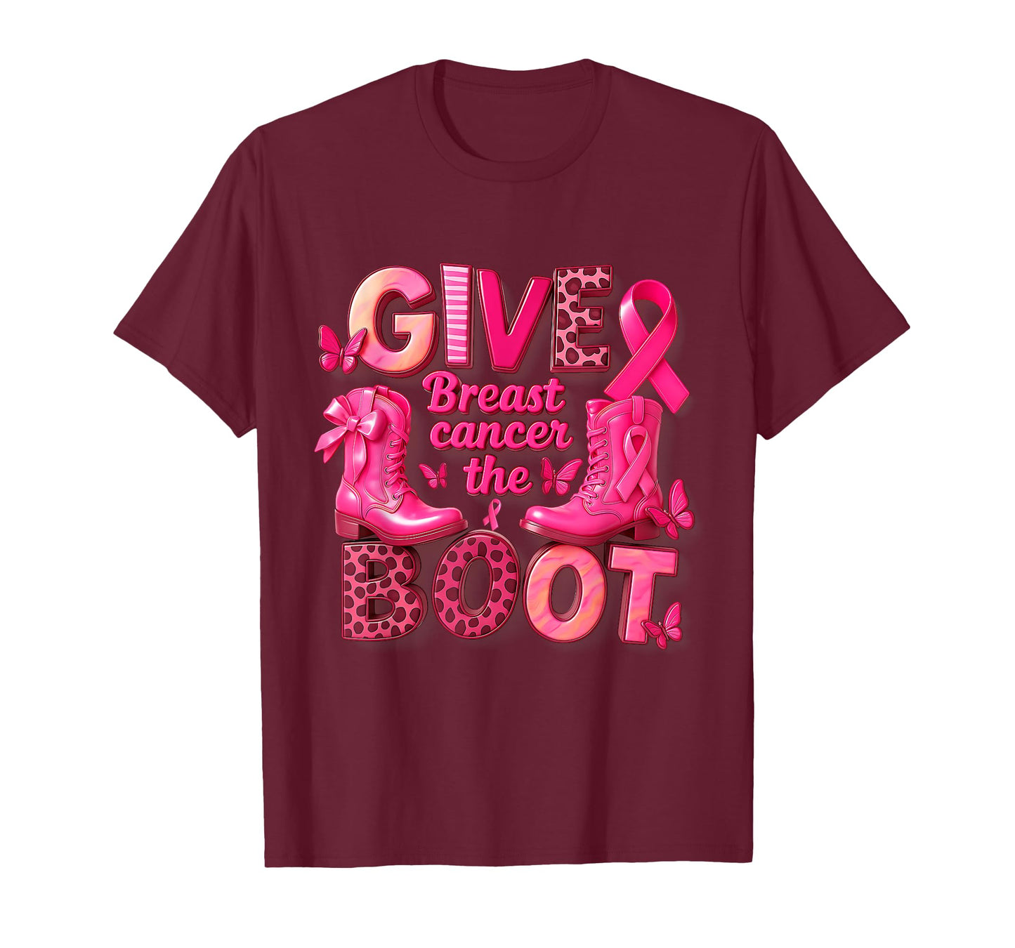 Give Breast Cancer The Boot Ribbon Cancer Awareness Cowgirl T-Shirt