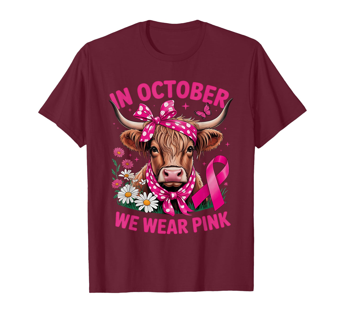Highland Cow in October We Wear Pink Breast Cancer Awareness T-Shirt