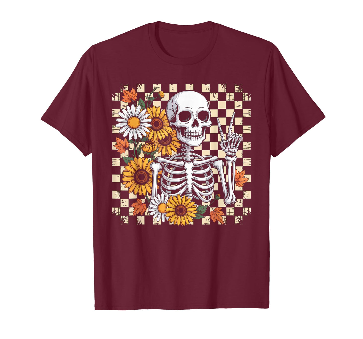Retro Fall Skeleton Halloween Skeleton Flower Spooky Season T-Shirt