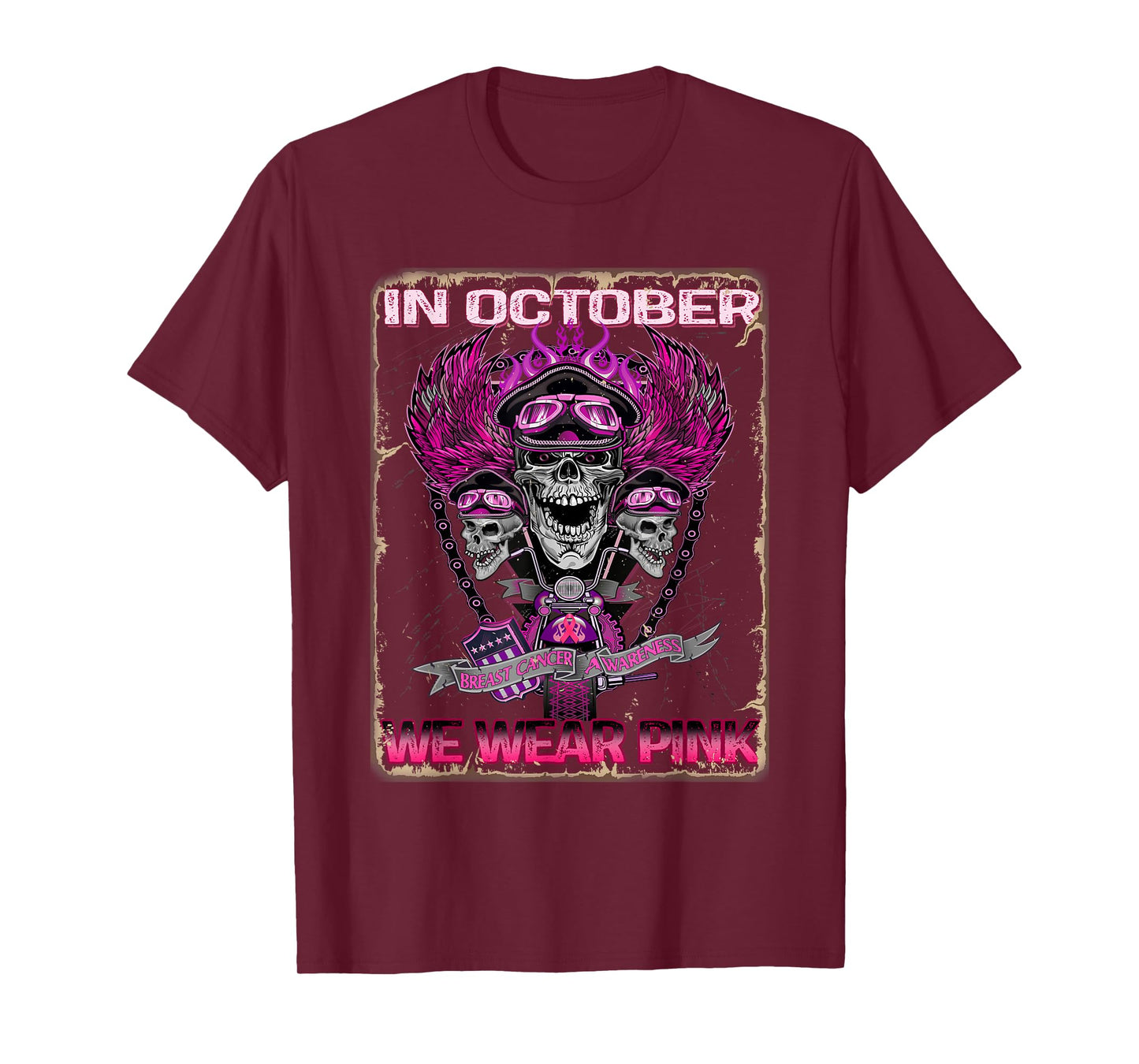 In October We Wear Pink Motorcycle Breast Cancer Biker Skull T-Shirt
