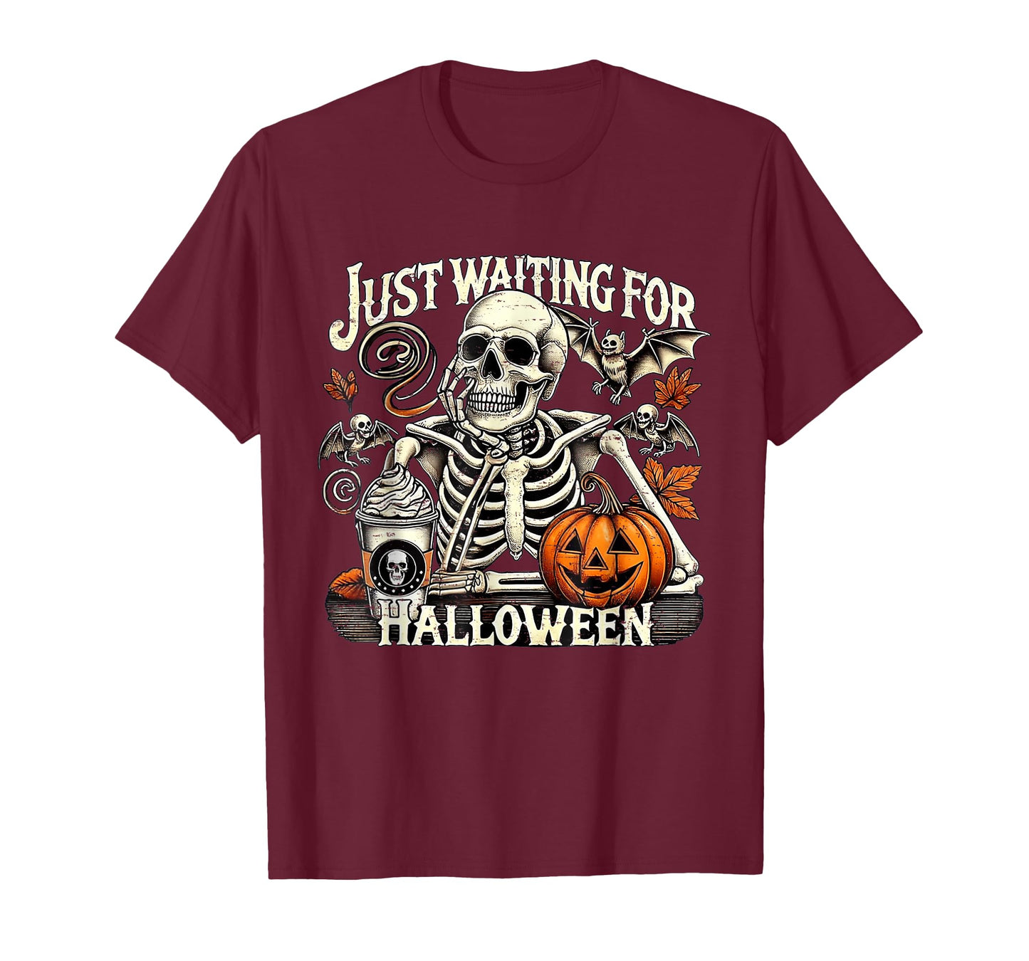 Retro Just Waiting for Halloween Skeleton Pumpkin T-Shirt