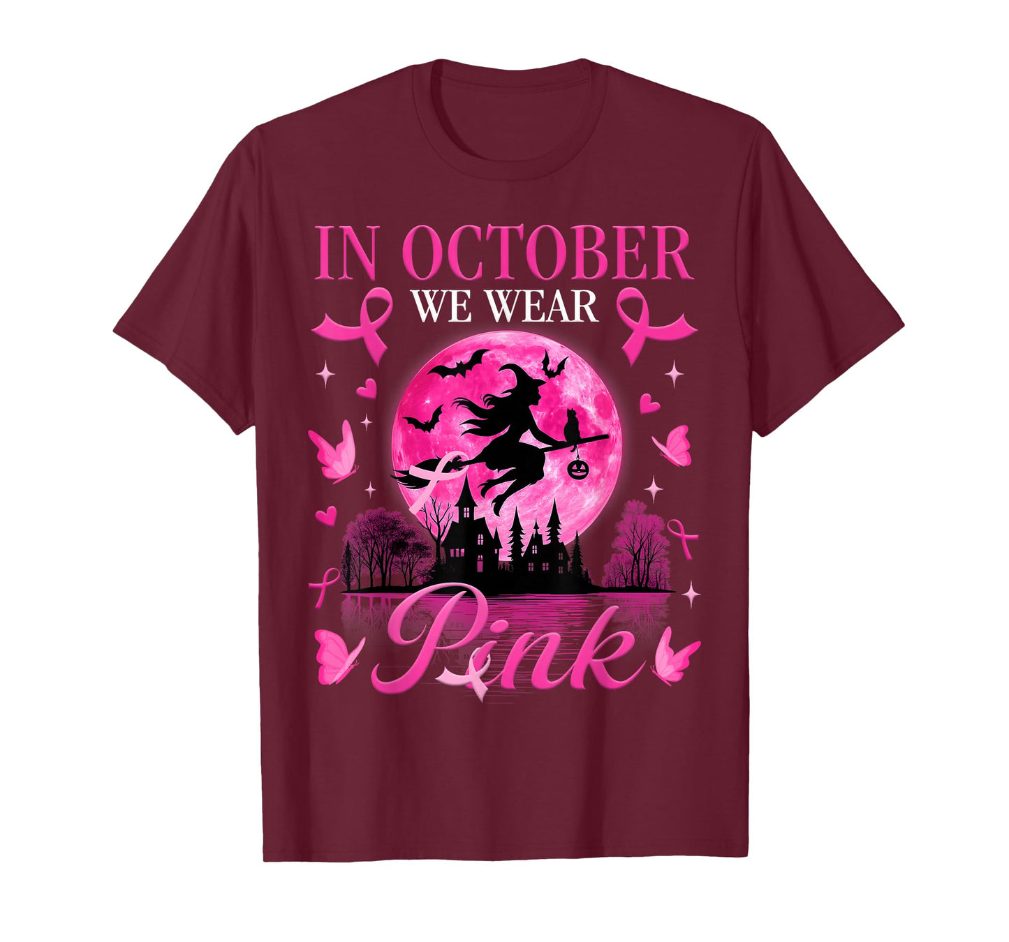 Halloween Witch in October We Wear Pink Ribbon Breast Cancer T-Shirt