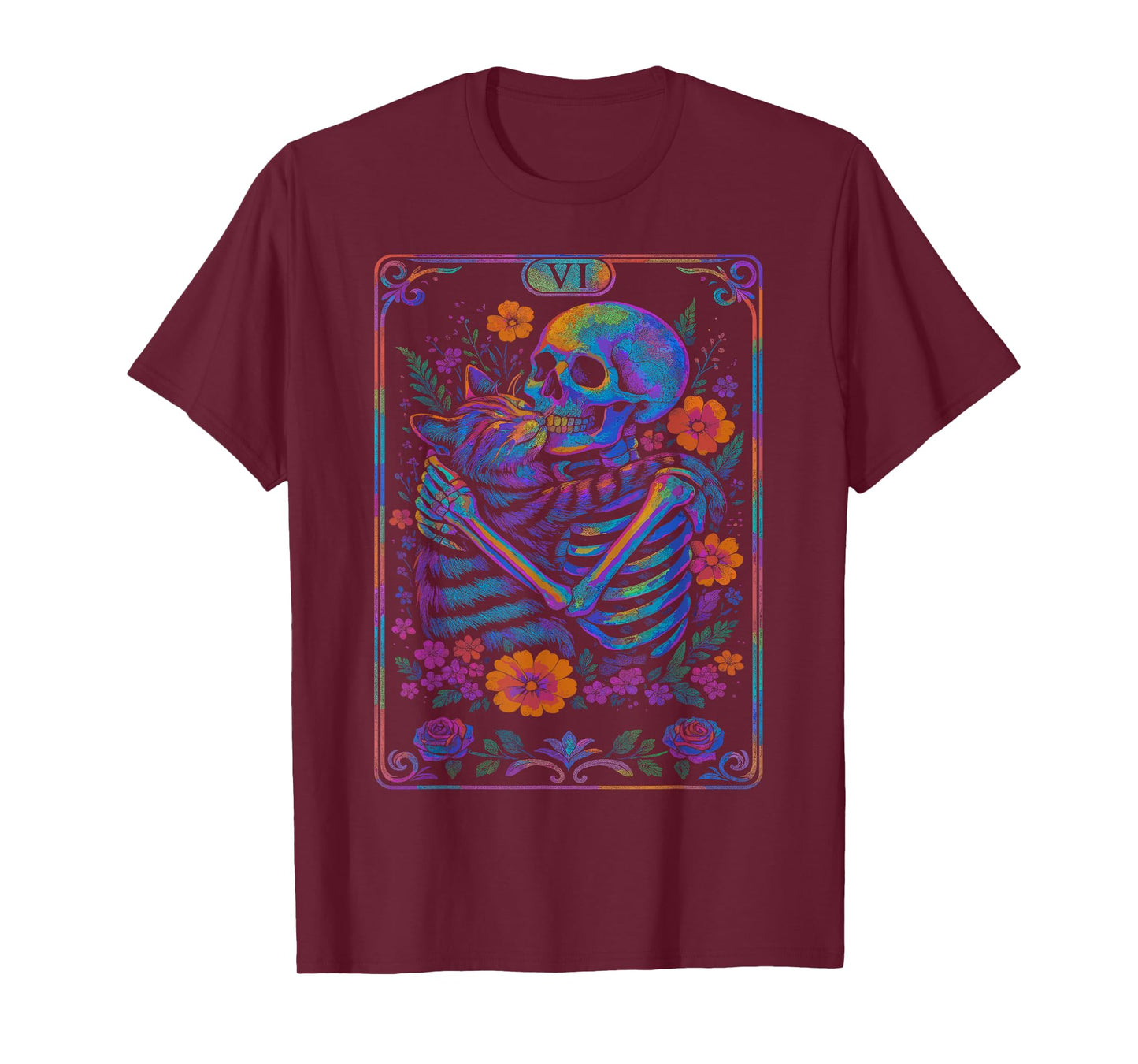 Skeleton Hugging Cat Floral Tarot Card Pastel Love Halloween T-Shirt