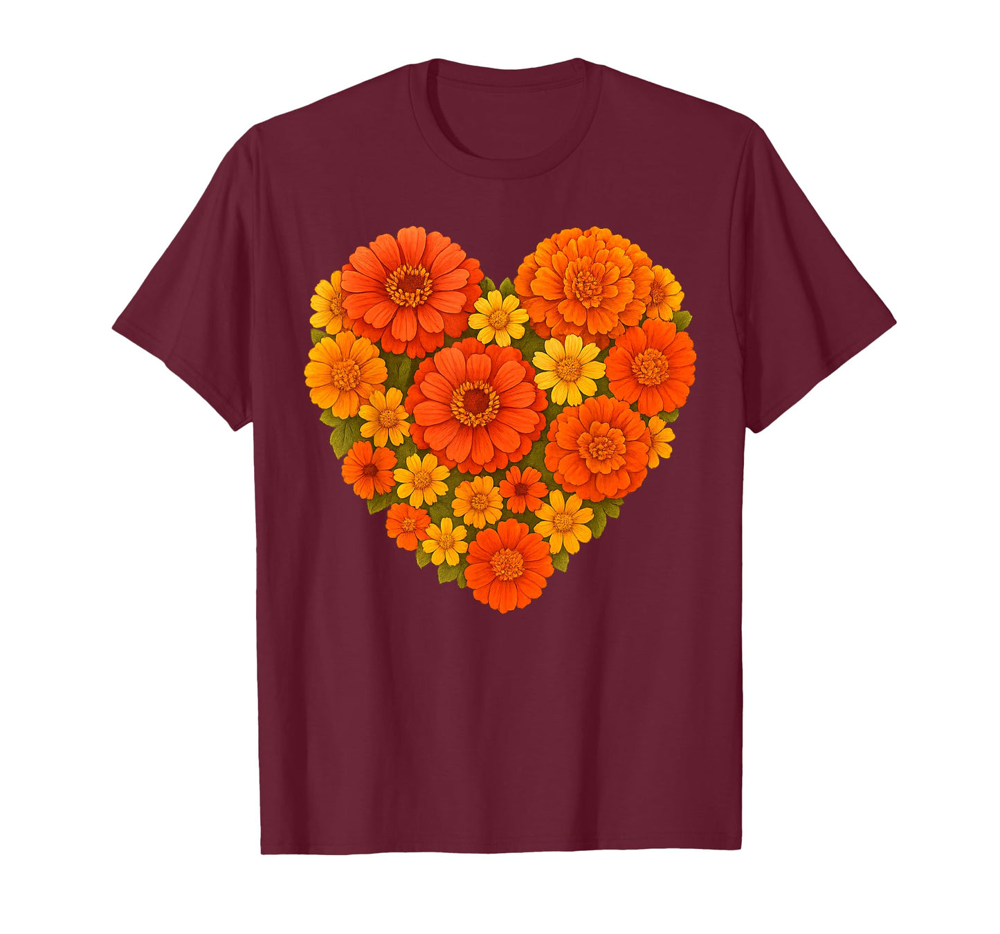 Heart Shaped Orange Yellow Marigold Zinnia Bouquet Botanical T-Shirt