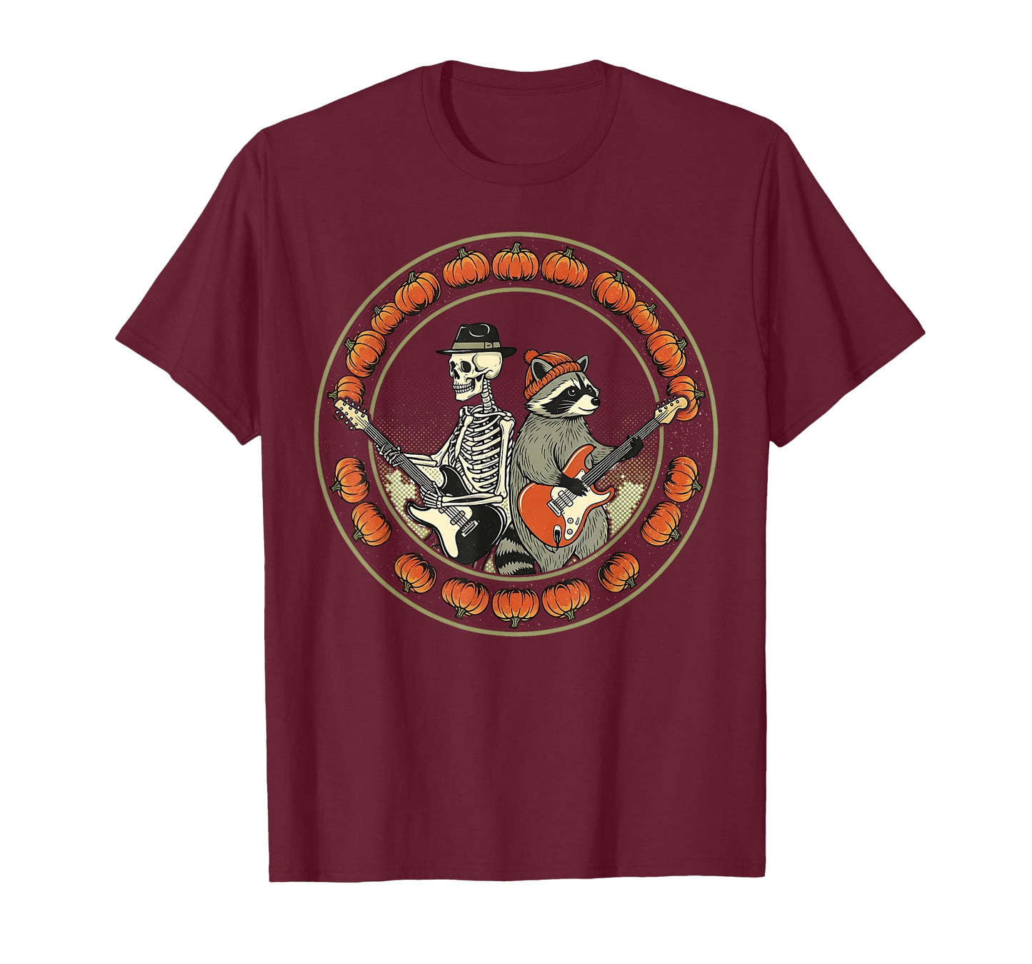 Skeleton Raccoon Rocking Pumpkin Halloween Men Women Kids T-Shirt