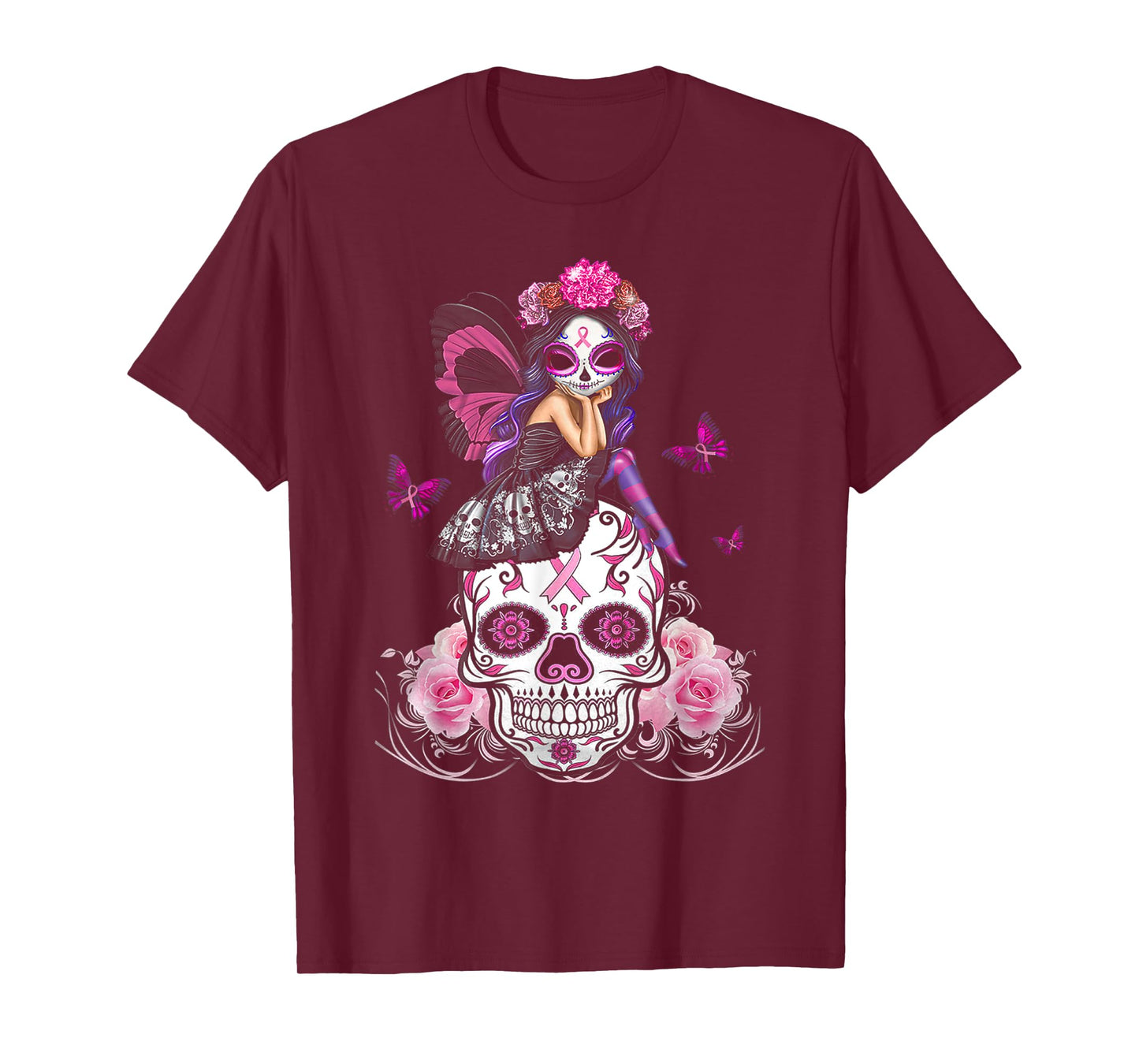 Cute Fairy Sugar Skull Breast Cancer Butterfly Pink Ribbon T-Shirt