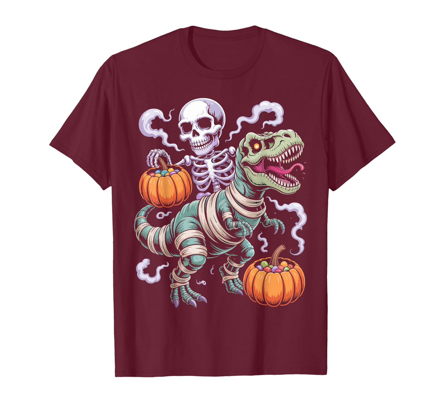 Skeleton Riding Mummy Dinosaur T Rex Funny Halloween T-Shirt