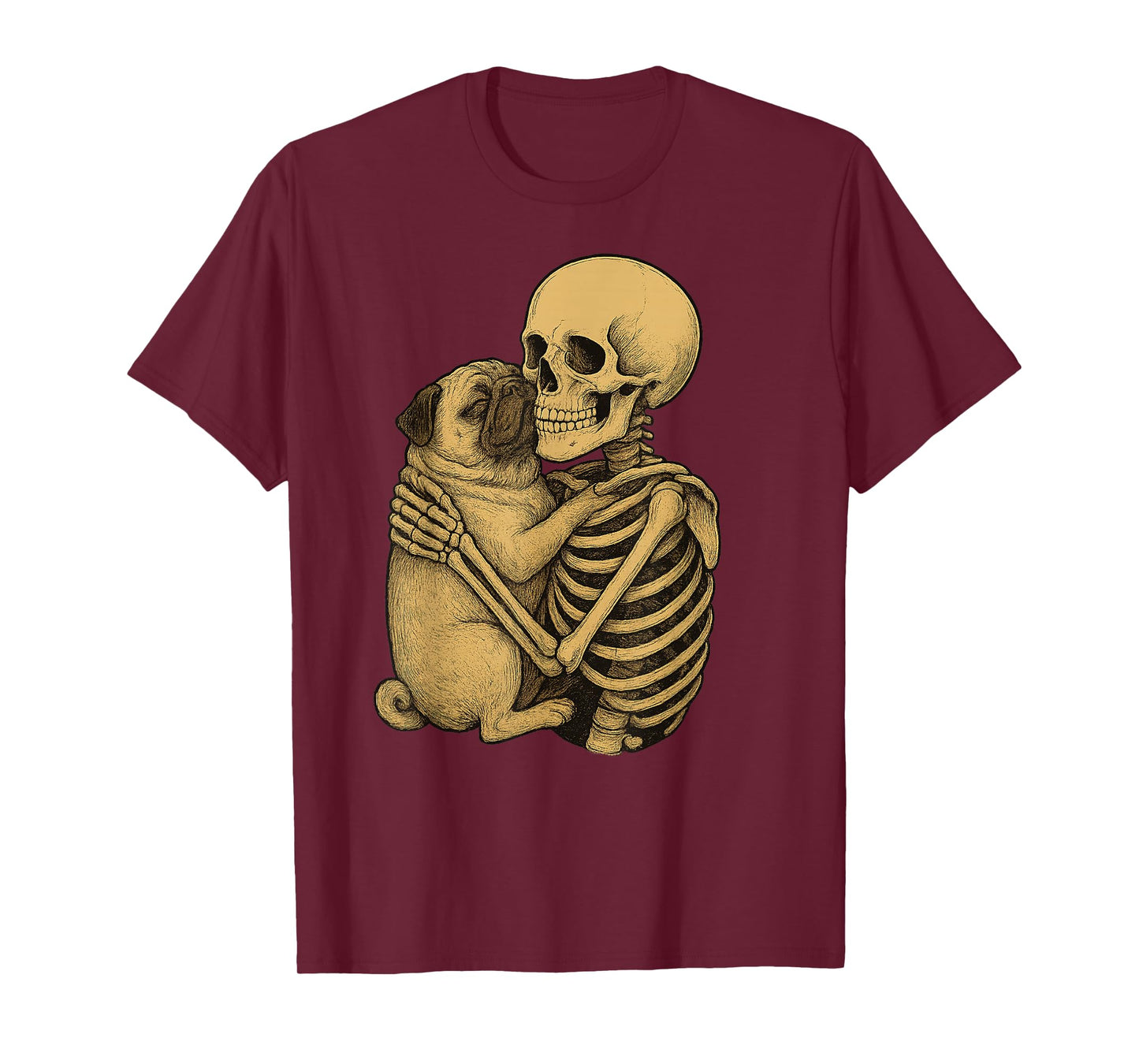Skeleton Hugging Pug Dog Halloween T-Shirt