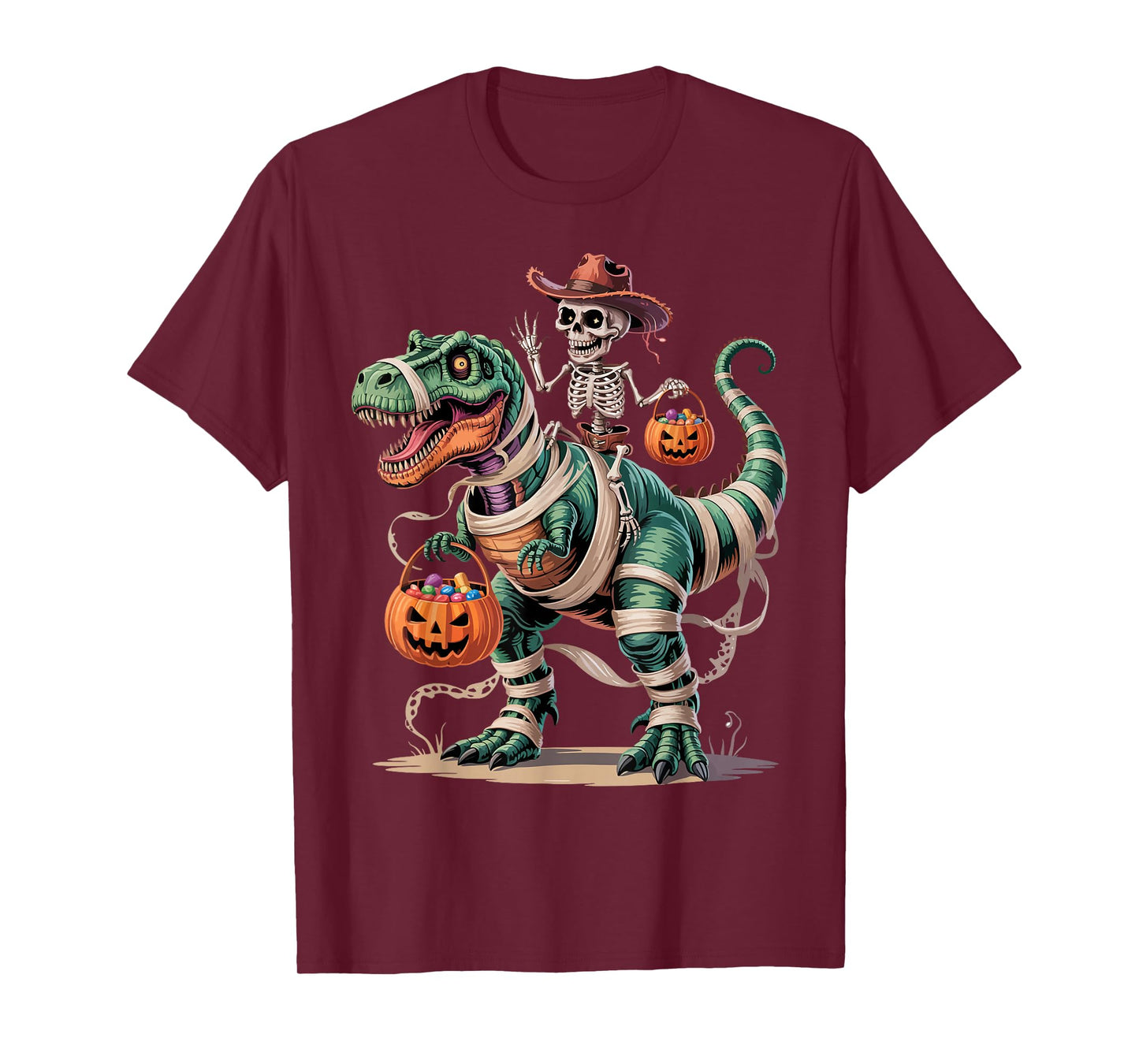 Funny Cowboy Skeleton Riding Mummy Dinosaur T rex Halloween T-Shirt