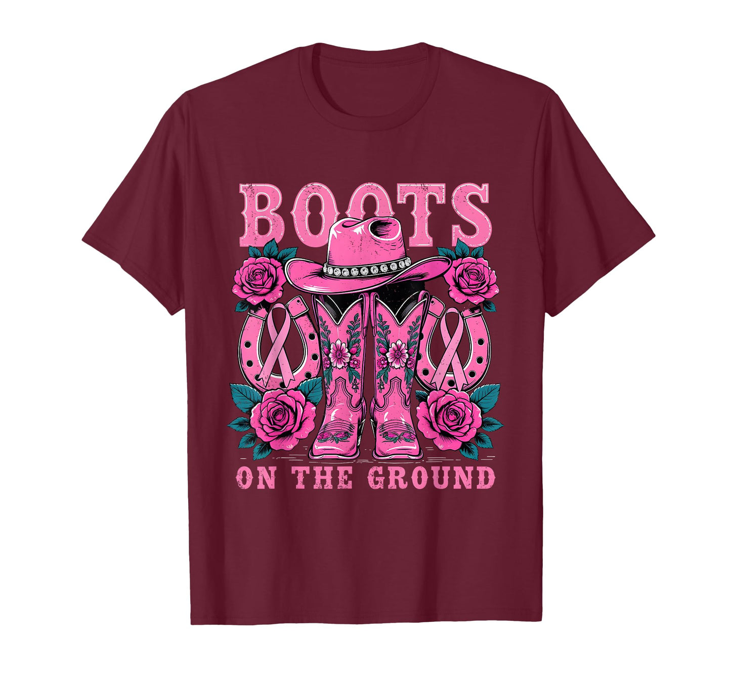 Boots On The Ground Pink Western Cowgirl Breast Cancer T-Shirt