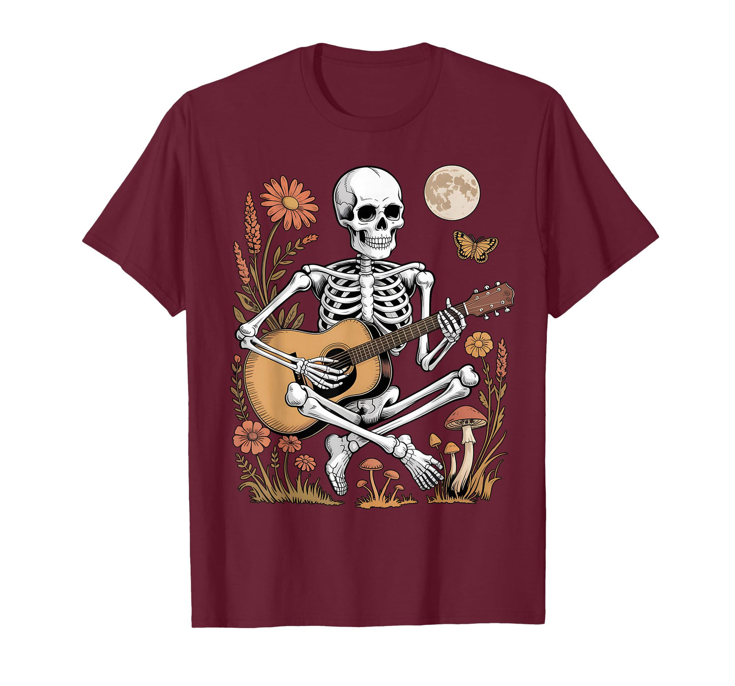 Skeleton Guitar Folk Music Halloween Autumn Night Scene T-Shirt