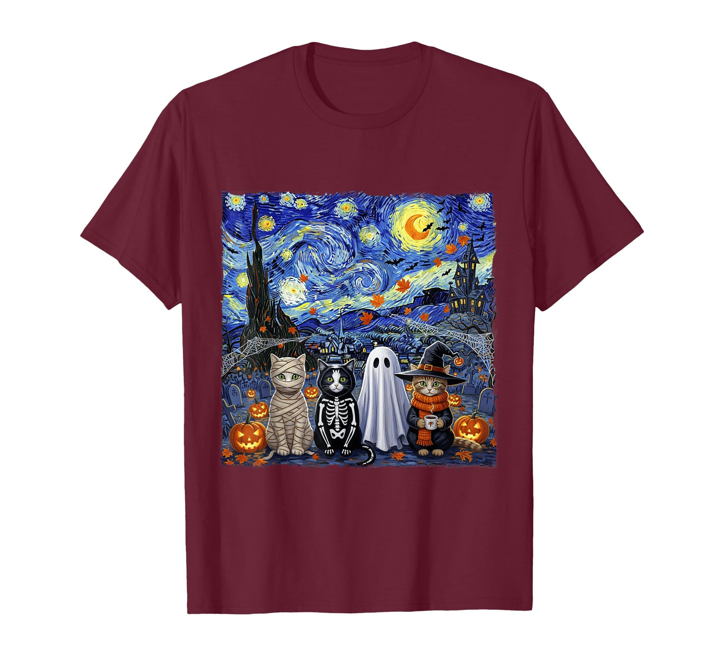 Funny Black Cat Ghost Witch Halloween Costume Starry Night T-Shirt