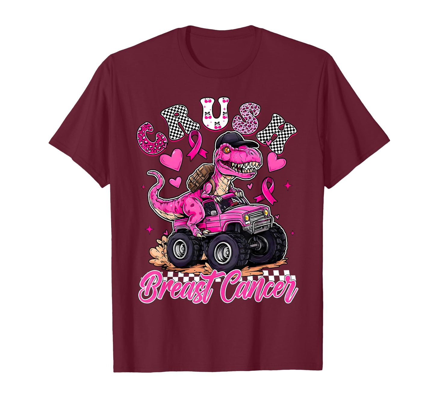 Crush Breast Cancer Dinosaur T Rex Monster Truck Boys Kids T-Shirt
